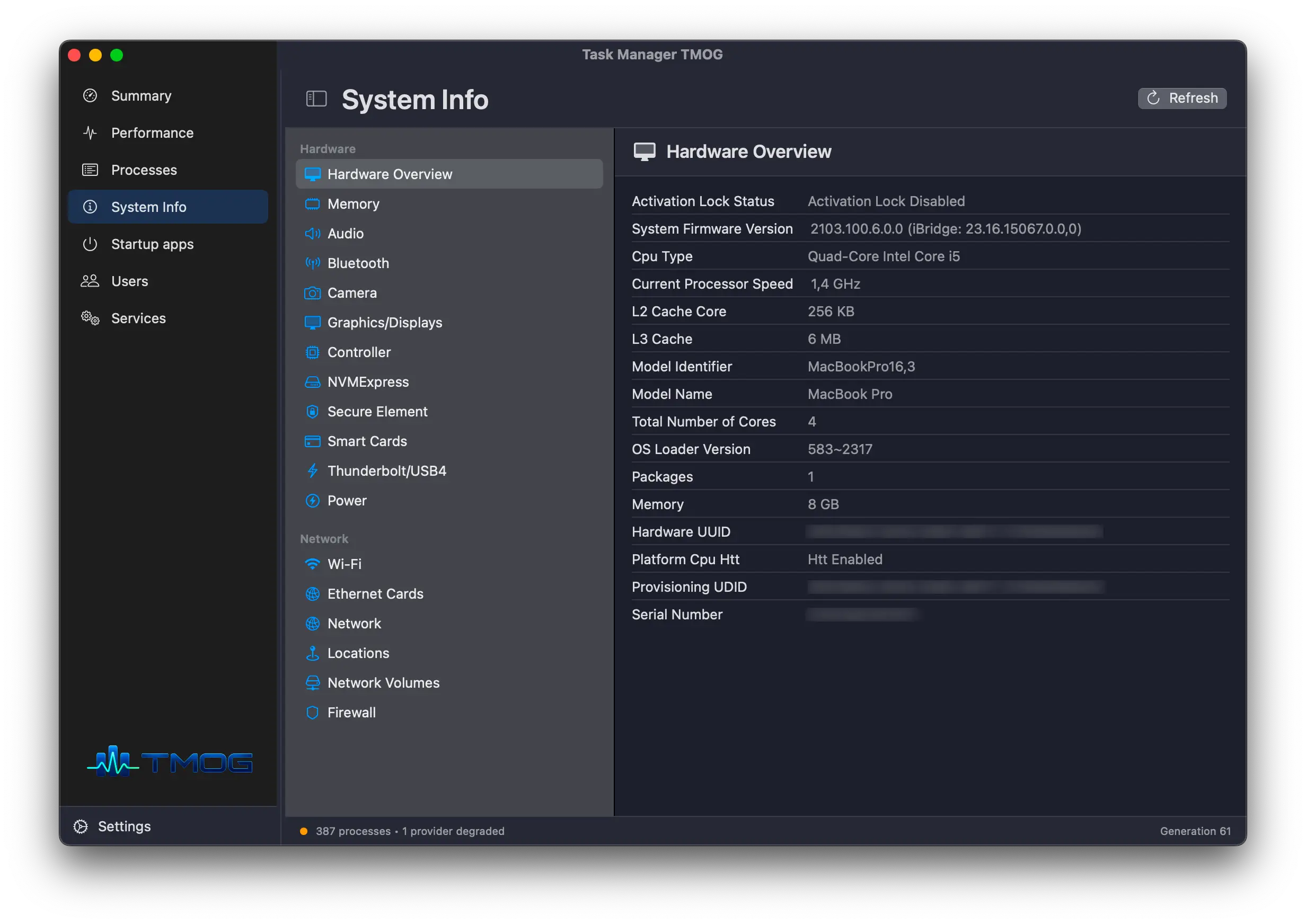 Informations système TMOG sur macOS montrant les spécifications matérielles et logicielles Mac