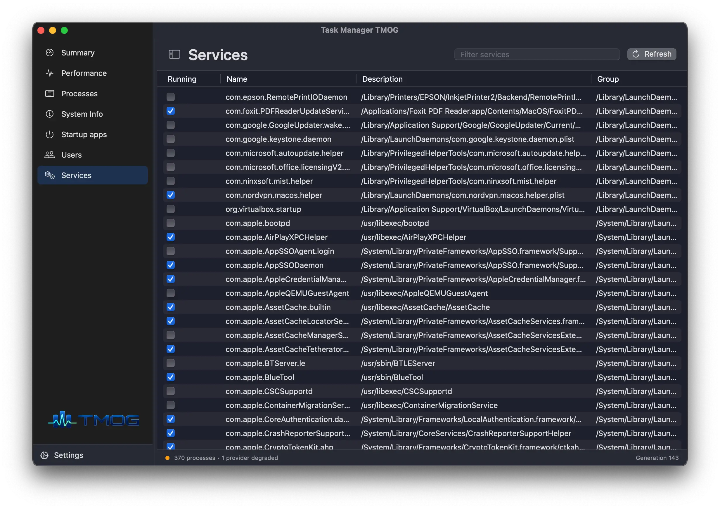 Liste des services système affichés dans TMOG sur macOS