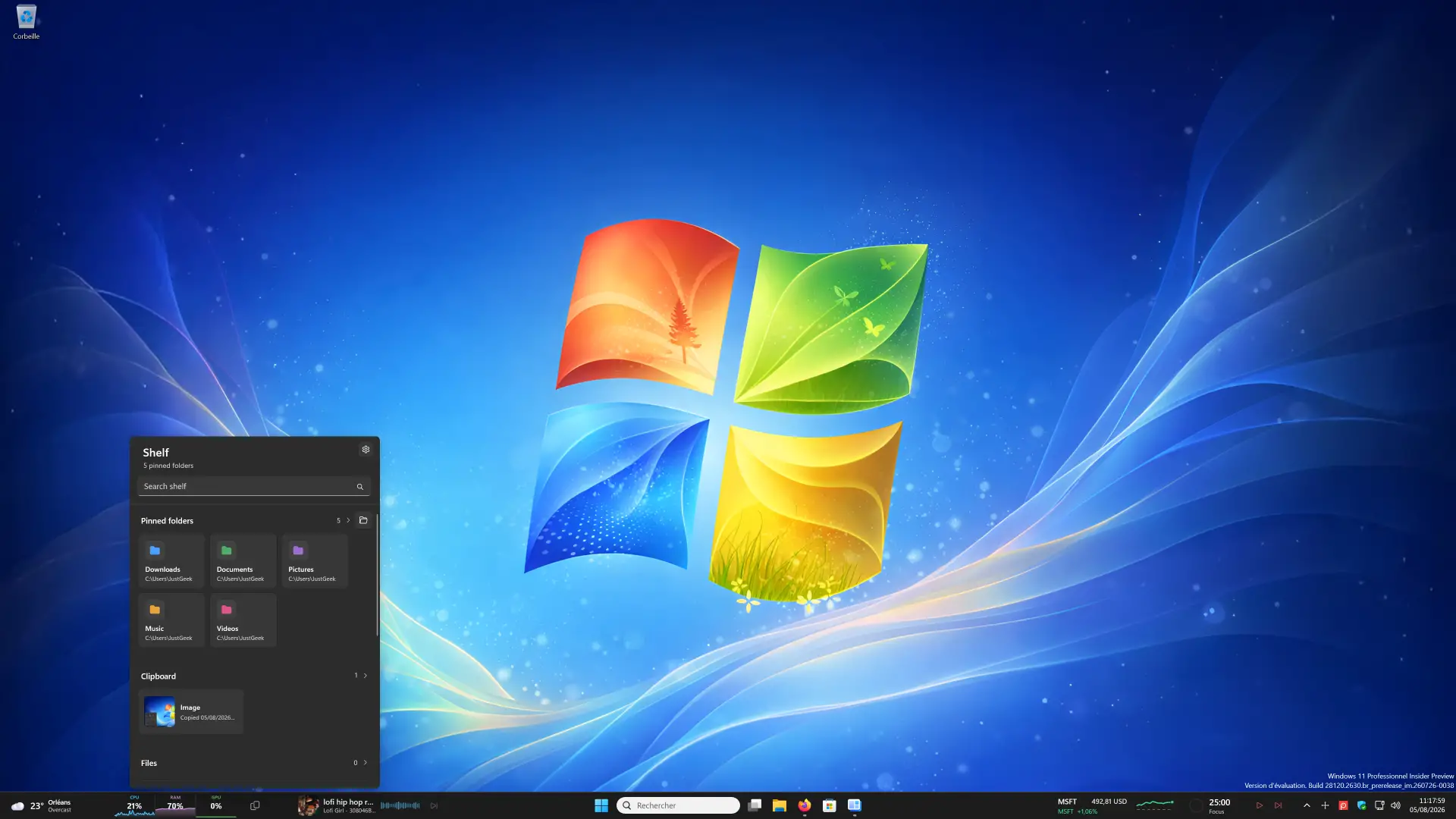 WidBar Shelf Widget donnant un accès rapide aux dossiers épinglés et au presse-papiers dans Windows 11