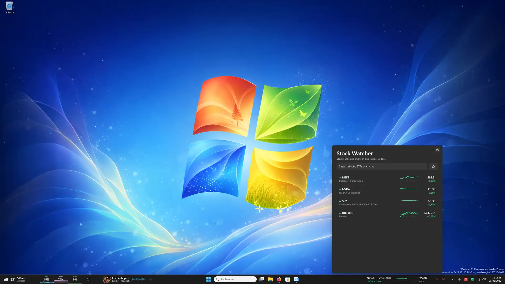 WidBar Stock Watcher affichant les cours des actions, les ETF et les crypto-monnaies sur Windows 11