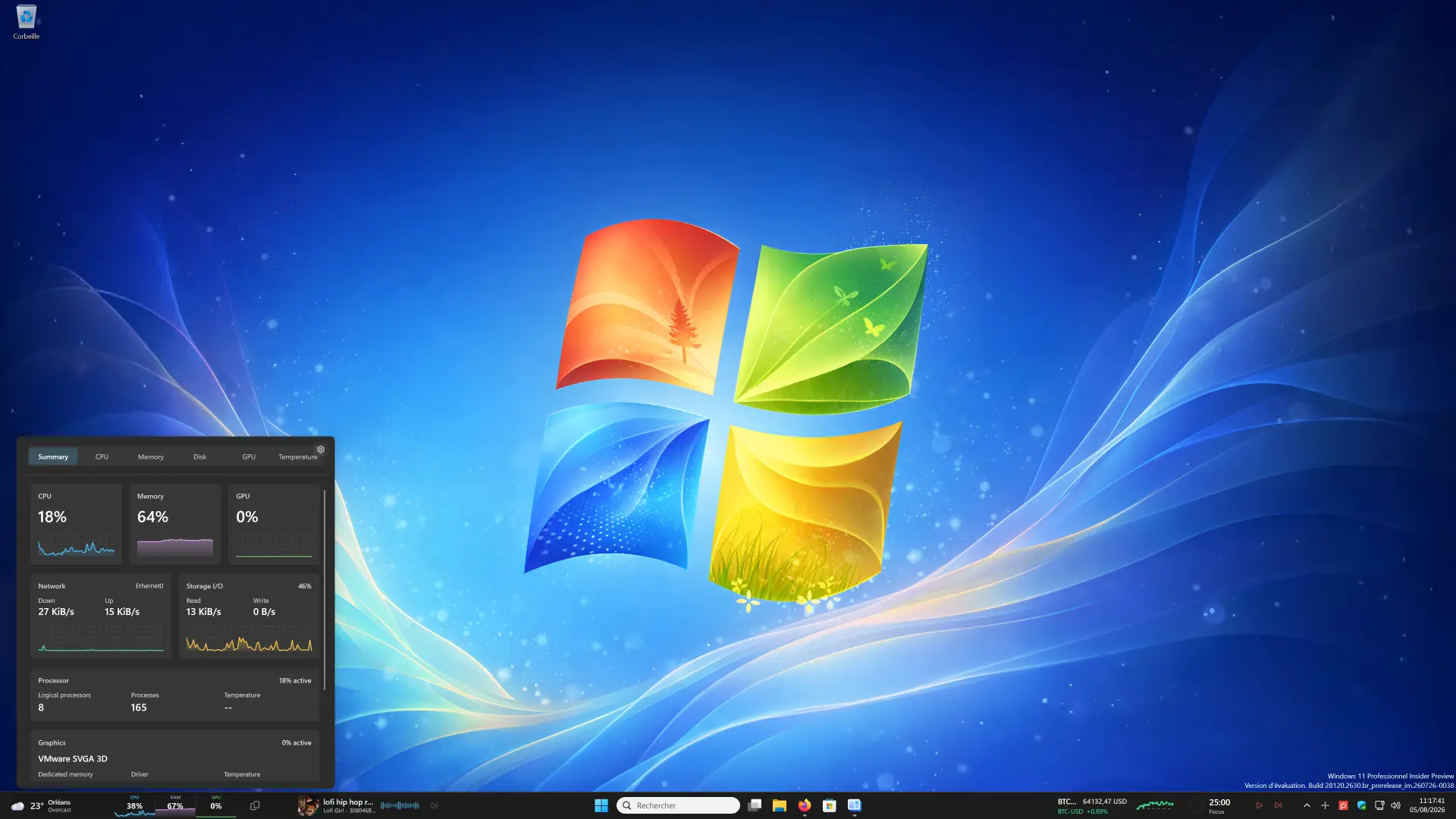 Widget System Metrics de WidBar affichant les performances du processeur, de la mémoire et du réseau dans Windows 11