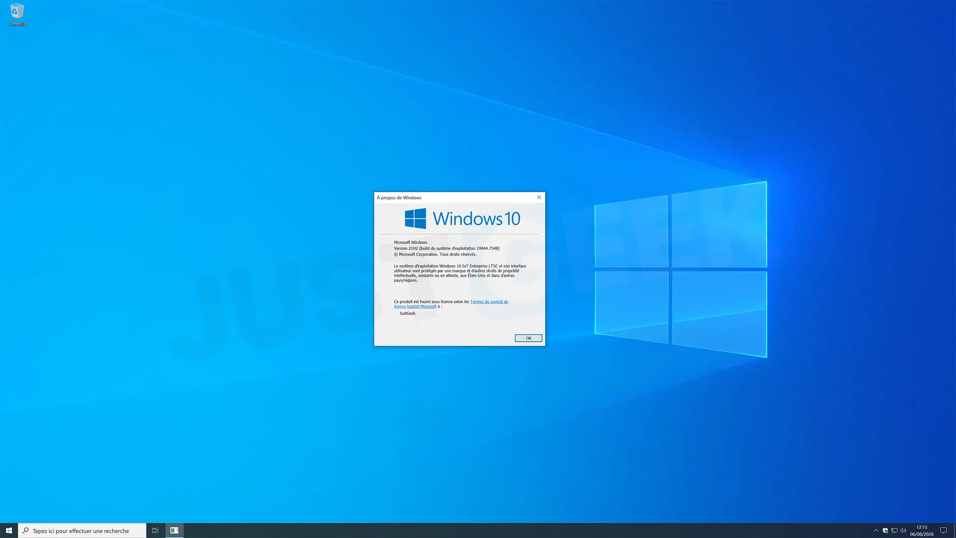 Fenêtre "À propos de Windows" montrant Windows 10 Entreprise LTSC 2021 avec la version 21H2