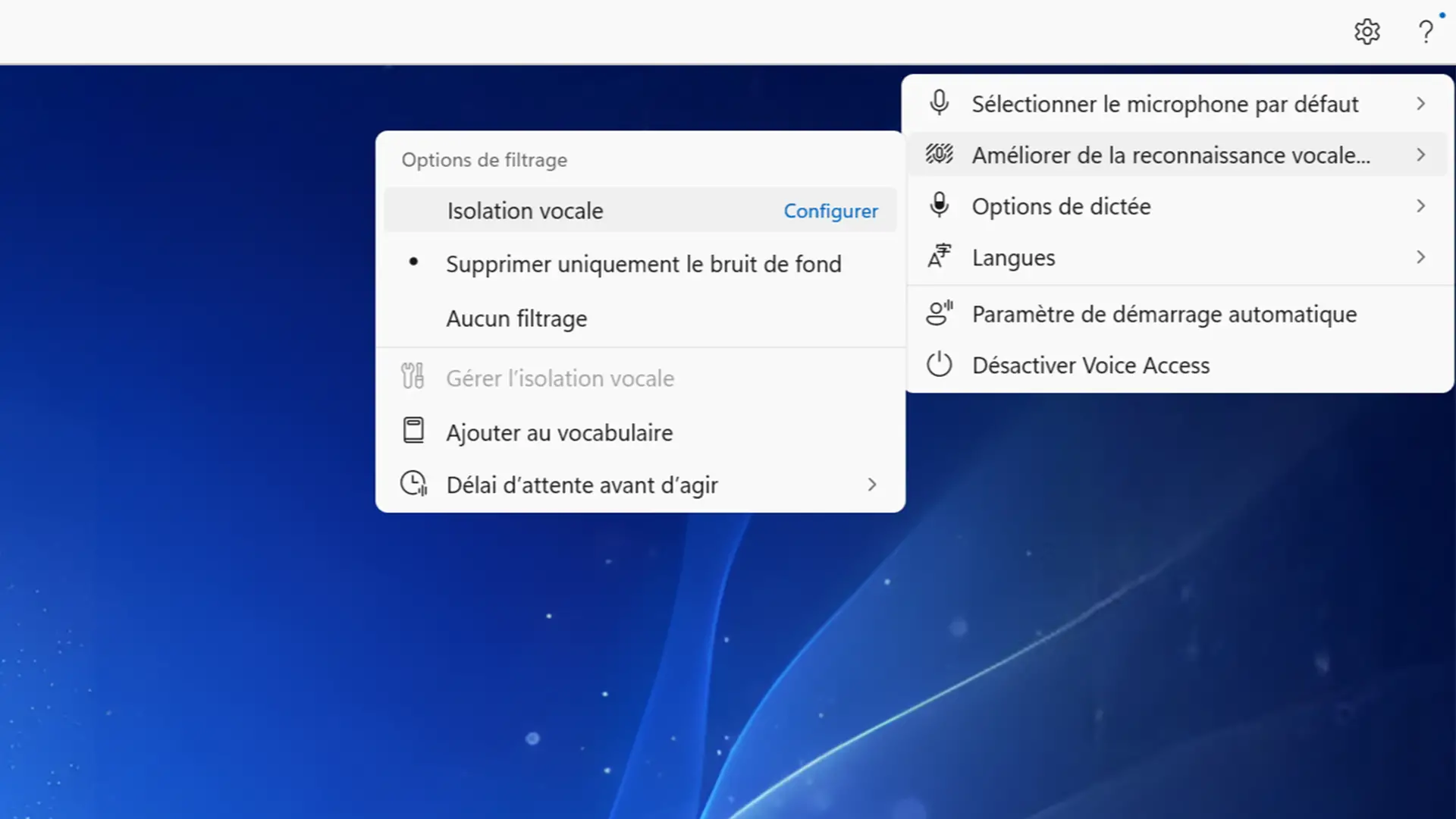 Options d’isolation vocale et de filtrage du bruit dans Windows 11 Voice Access