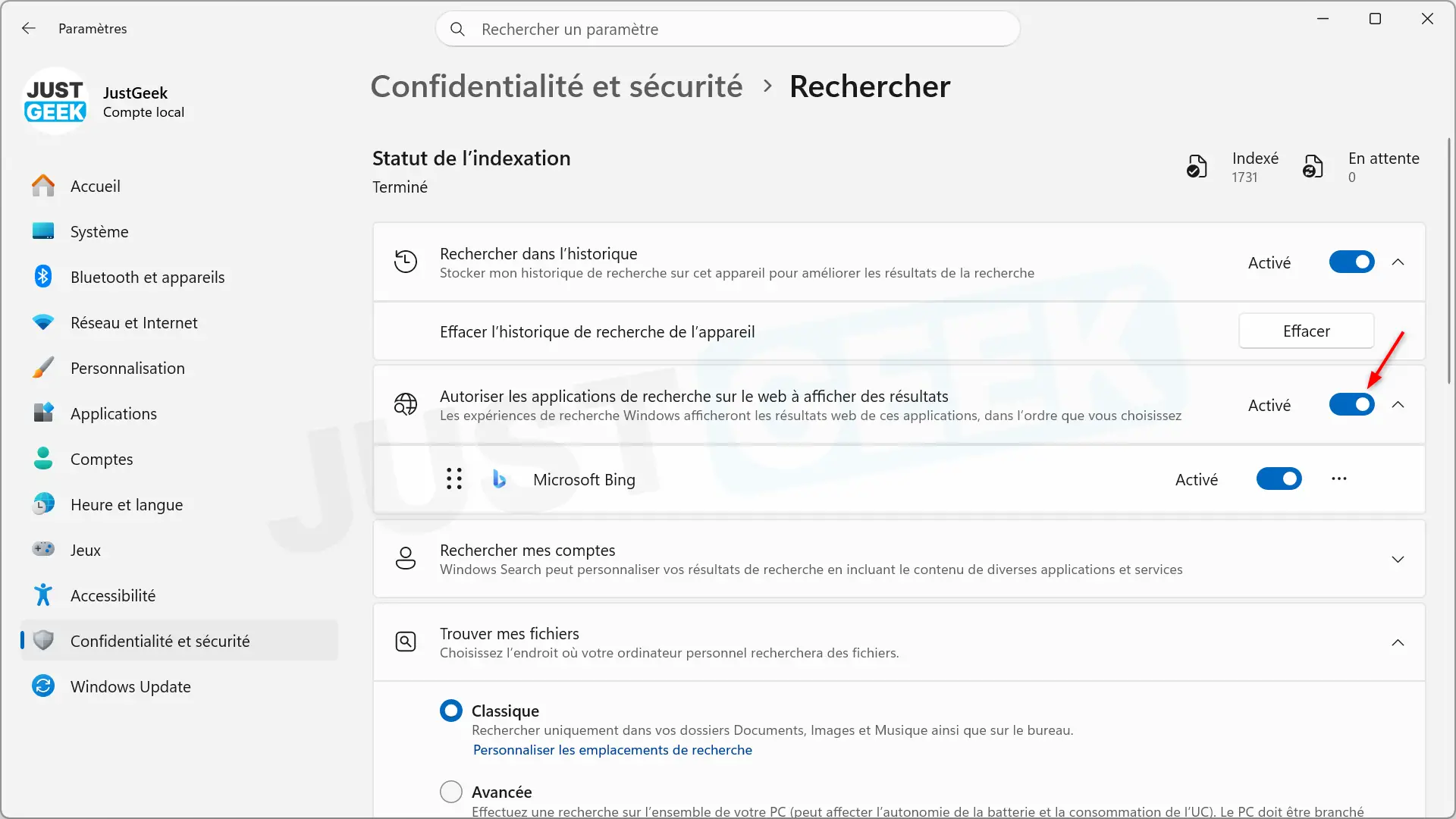 Option pour désactiver les résultats Web dans Windows Search sur Windows 11
