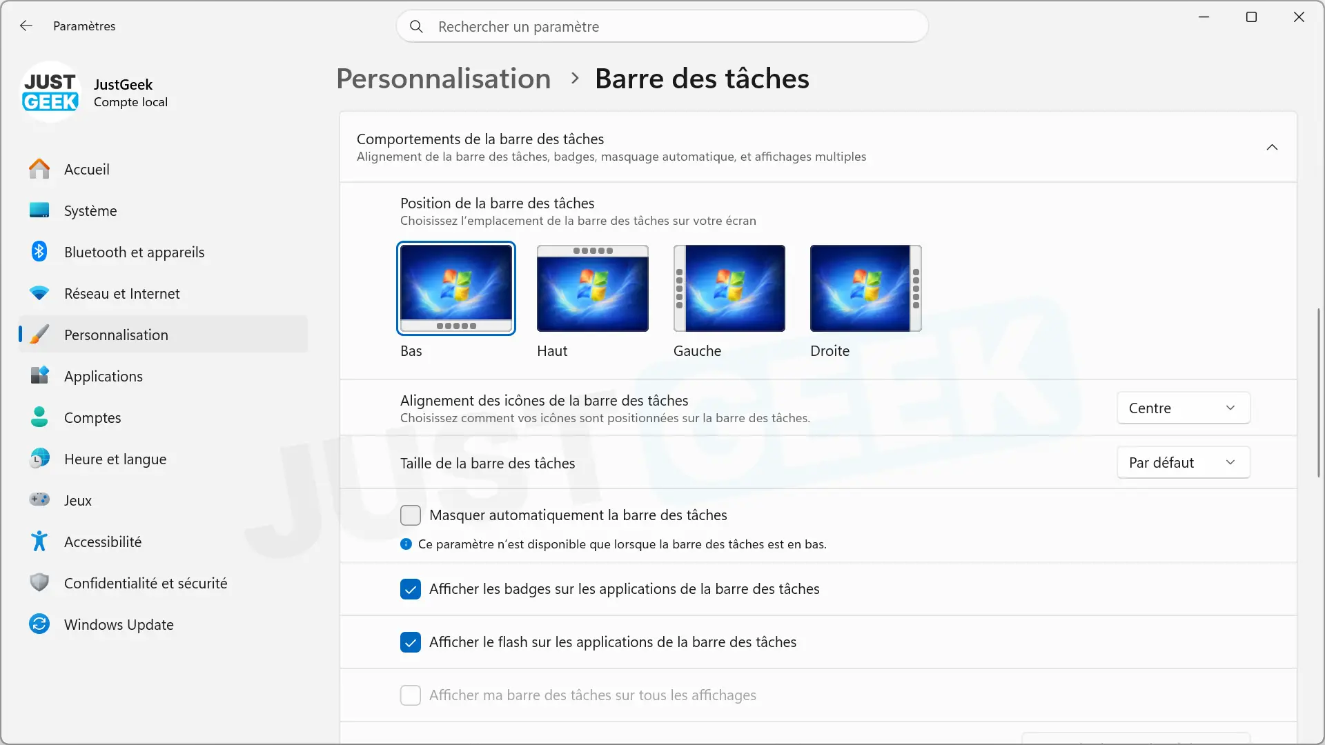 Options pour modifier la position et la taille de la barre des tâches de Windows 11