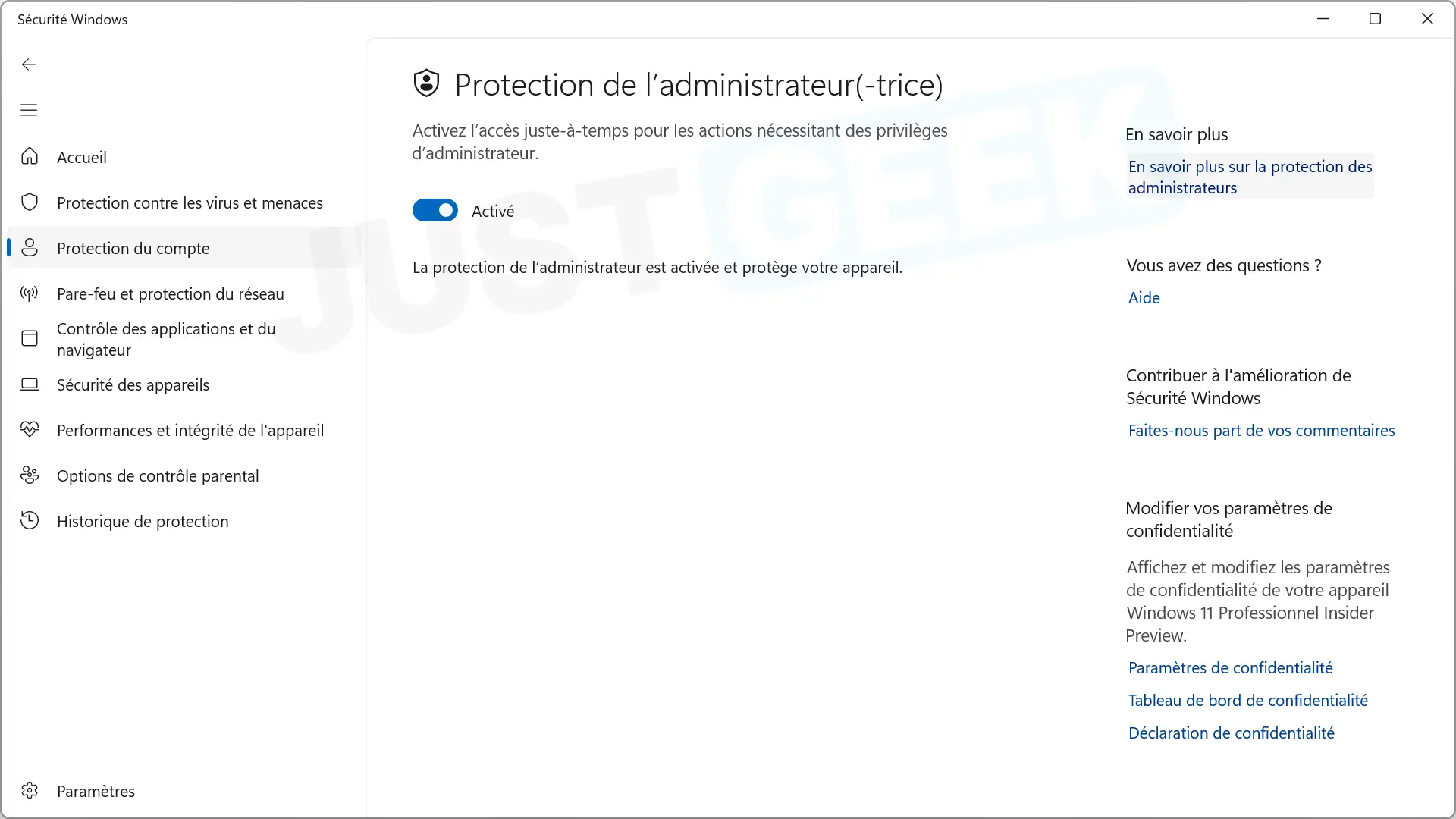 Protection de l'administrateur activée dans la sécurité Windows sur Windows 11