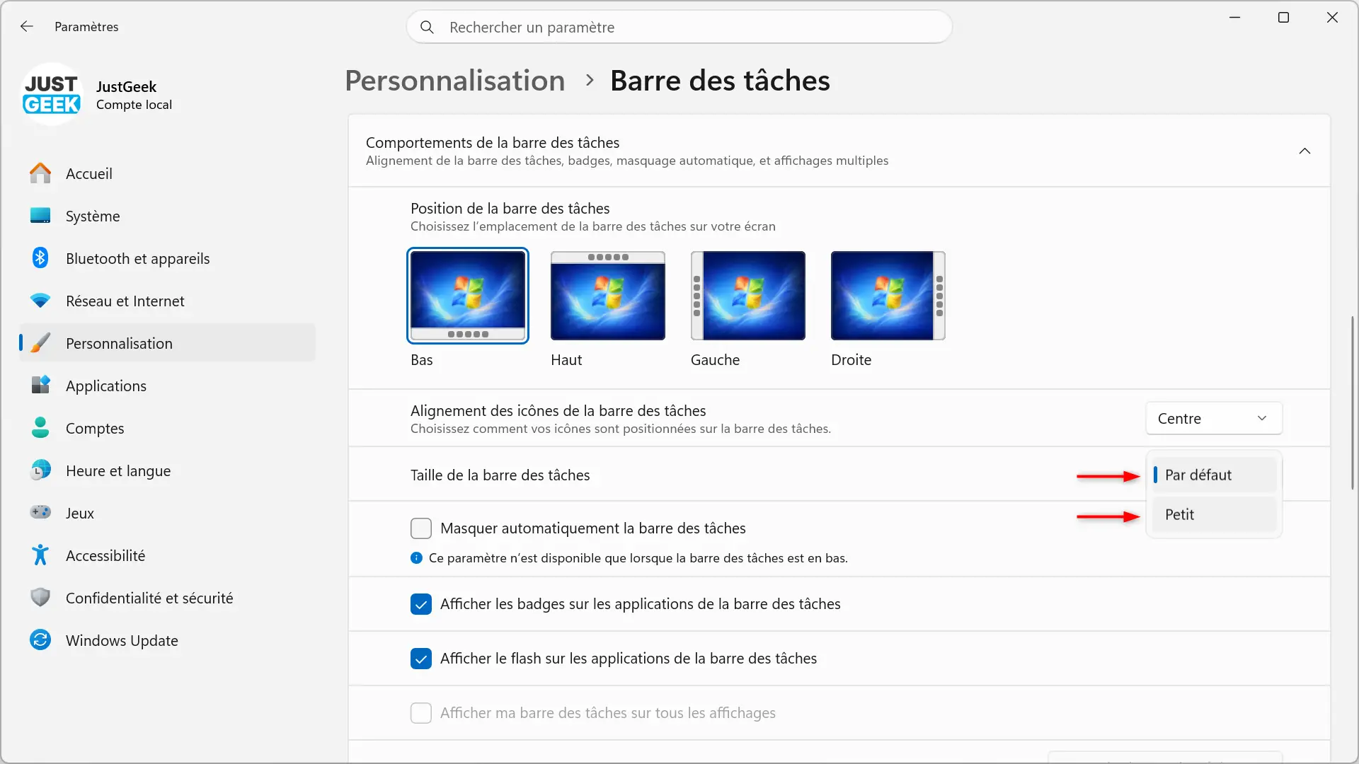 Option pour réduire la taille de la barre des tâches de Windows 11