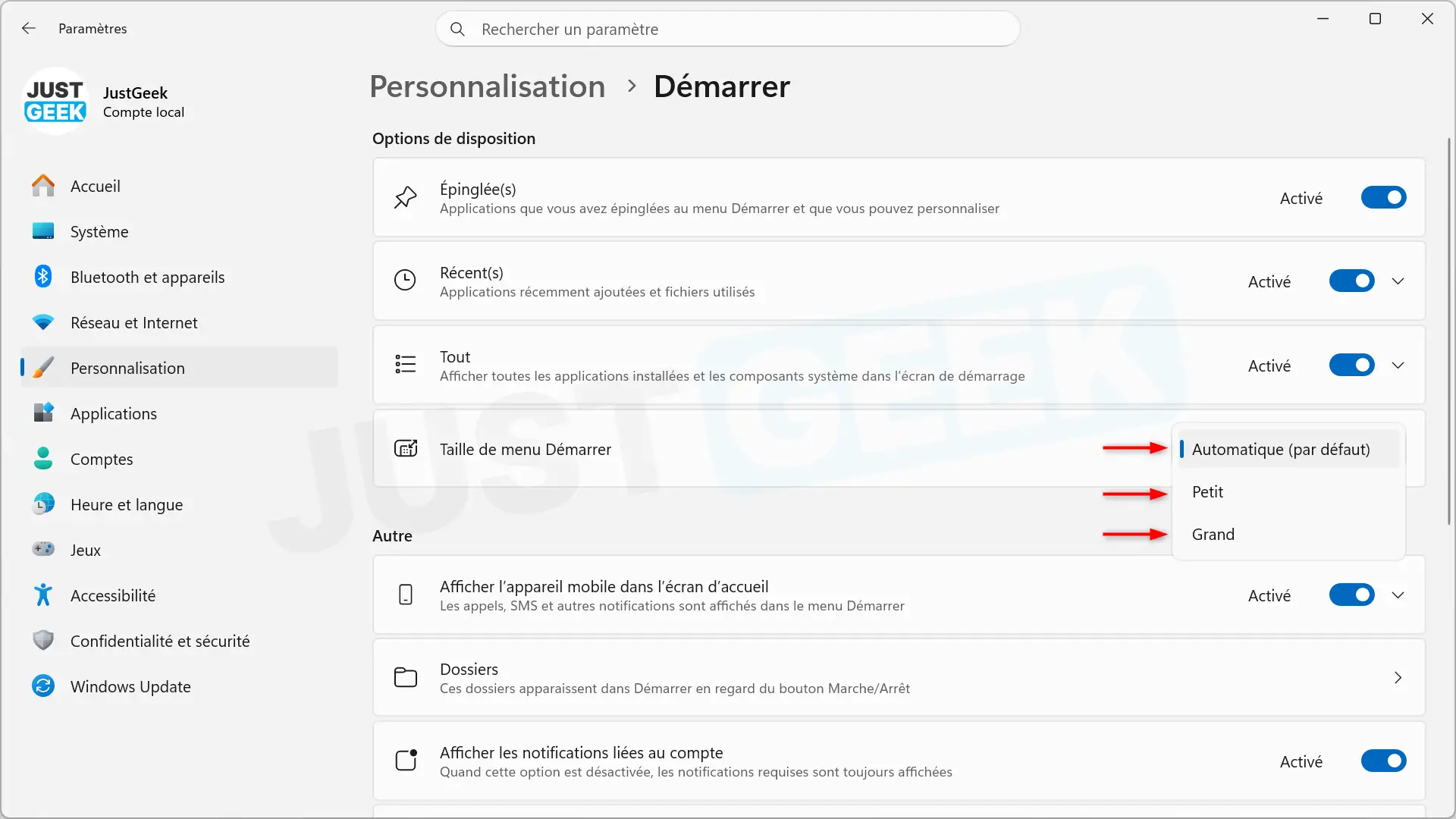 Options pour modifier la taille du menu Démarrer de Windows 11