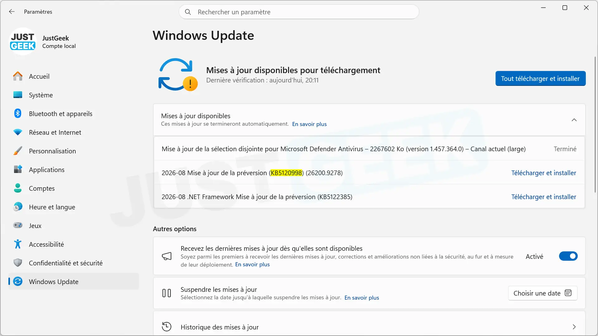 Mise à jour facultative KB5120998 disponible dans Windows Update sur Windows 11