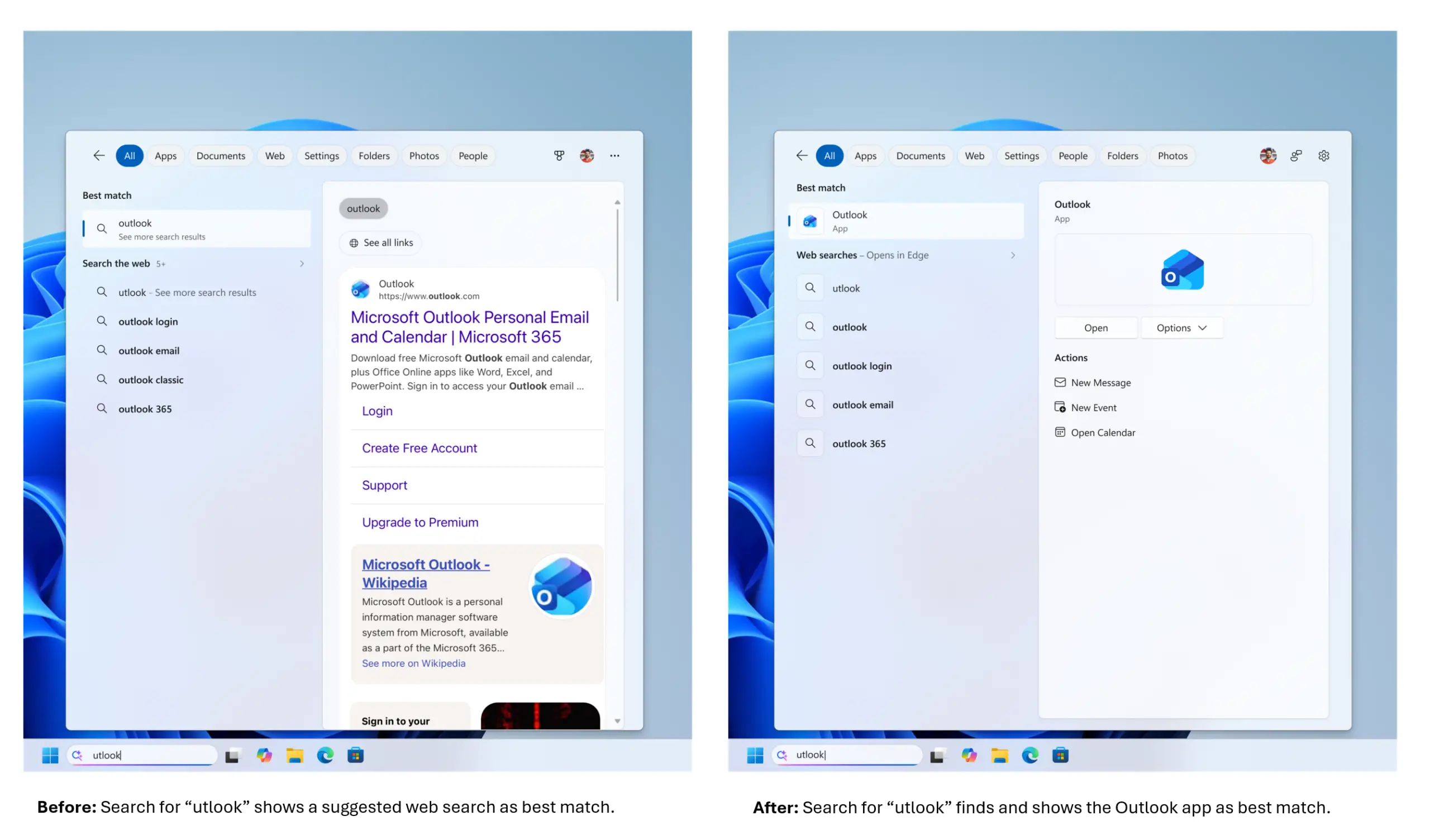Comparaison de Windows Search avant et après la mise à jour KB5101684 montrant une meilleure détection des applications malgré une faute de frappe