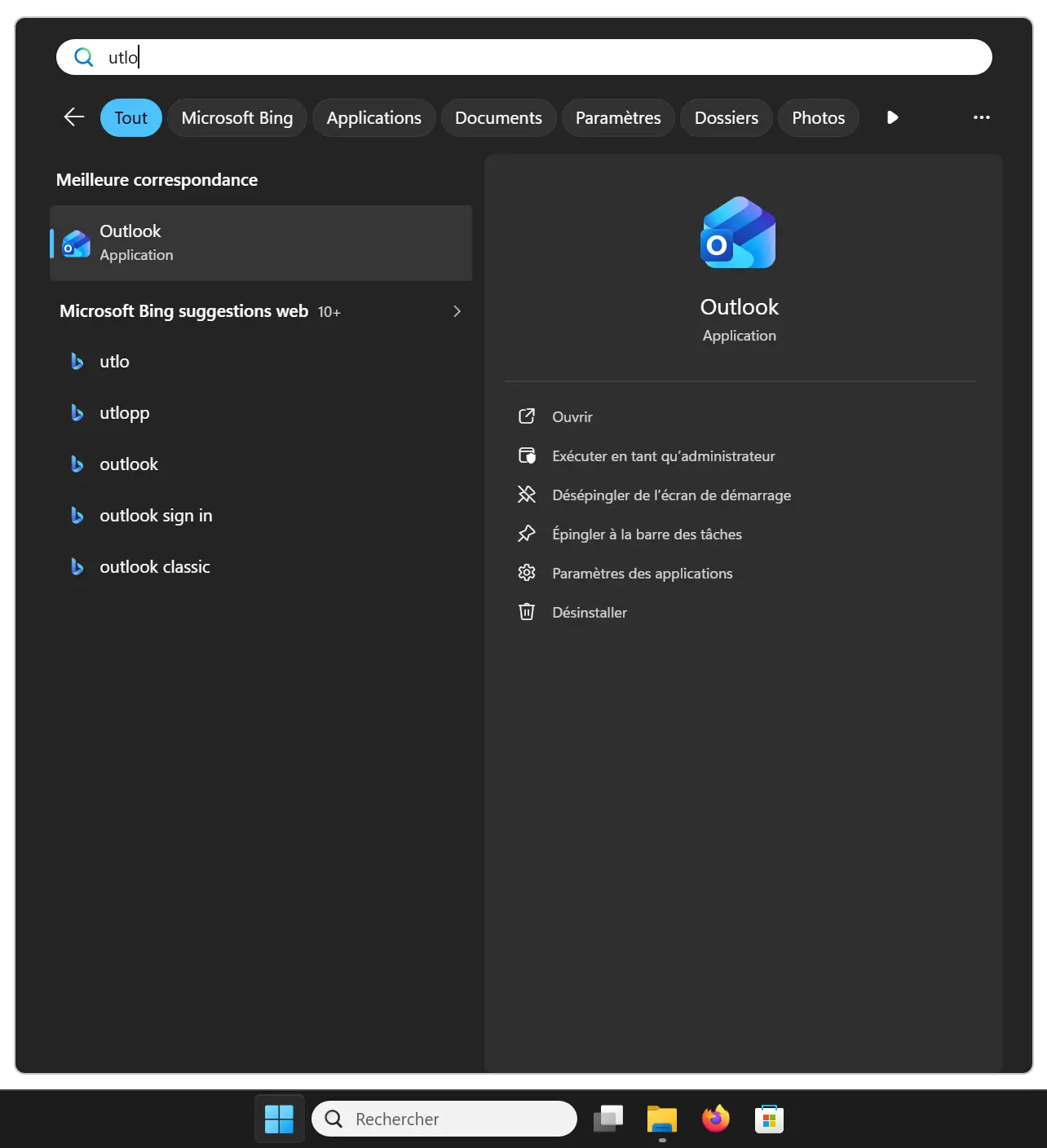 Windows Search trouve l'application Outlook malgré une faute de frappe dans la recherche