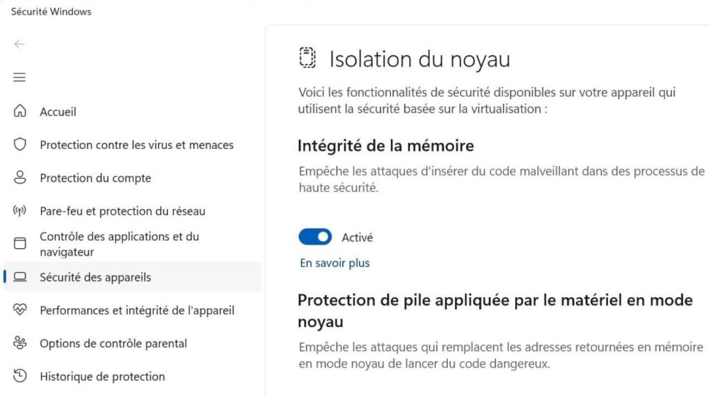 Intégrité de la mémoire Windows 11