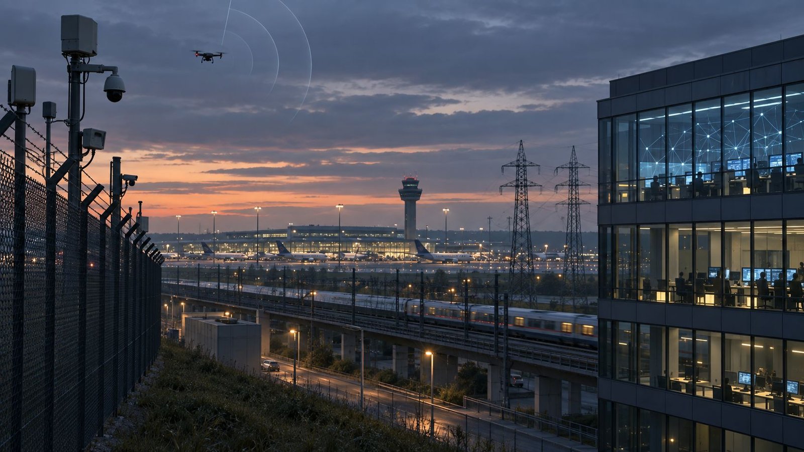 Drone détecté à proximité de l'aéroport, du réseau électrique et du centre de cybersécurité.
