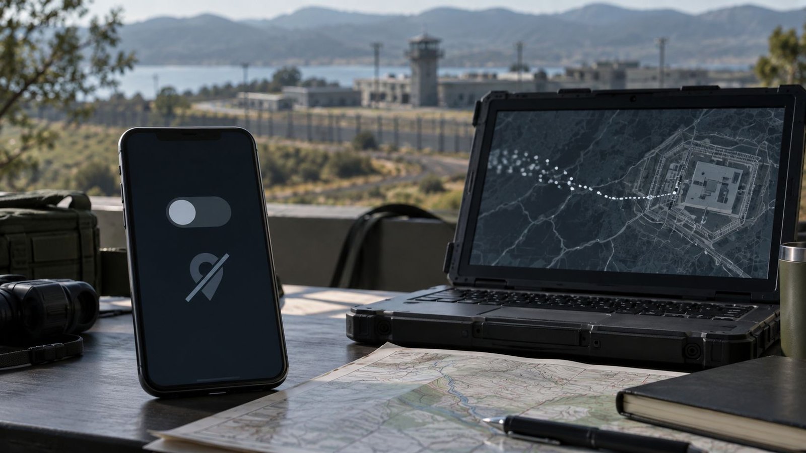 Un smartphone et un ordinateur militaires avec suivi géographique désactivé.