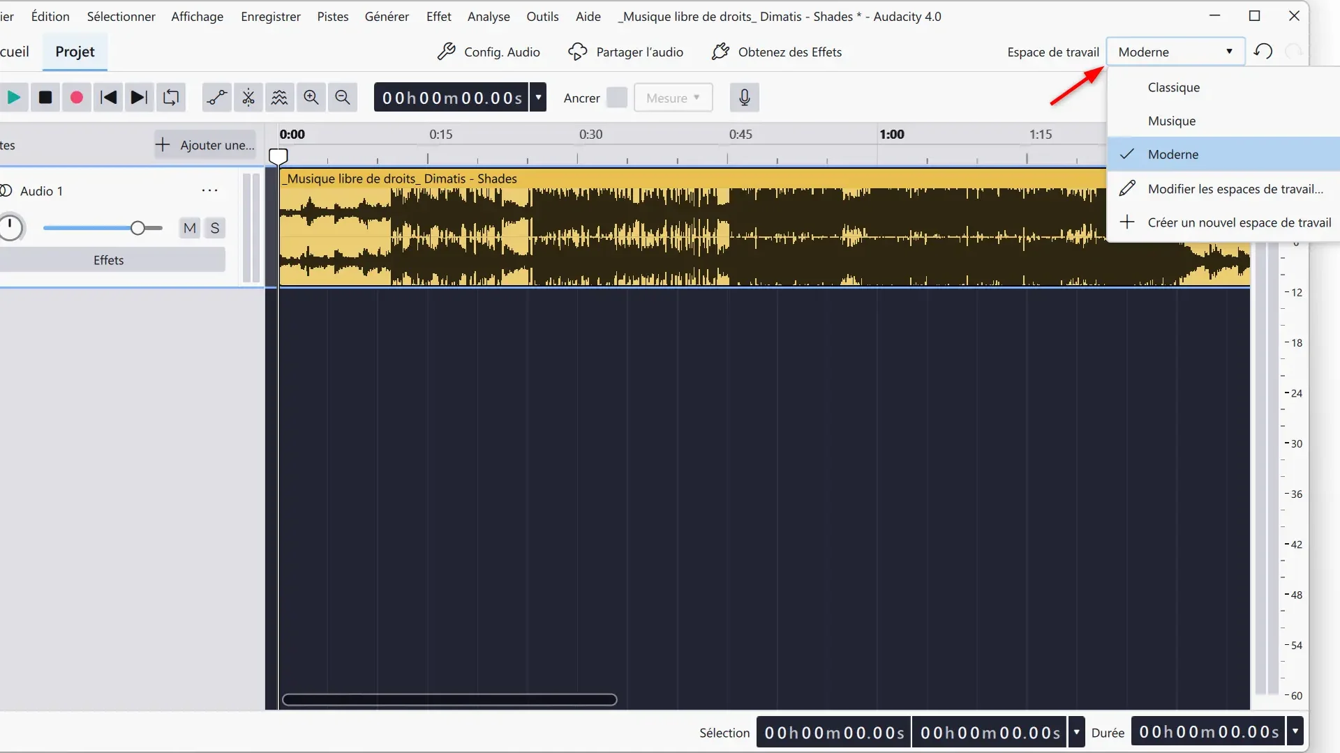 Sélection d'un espace de travail dans Audacity 4.0