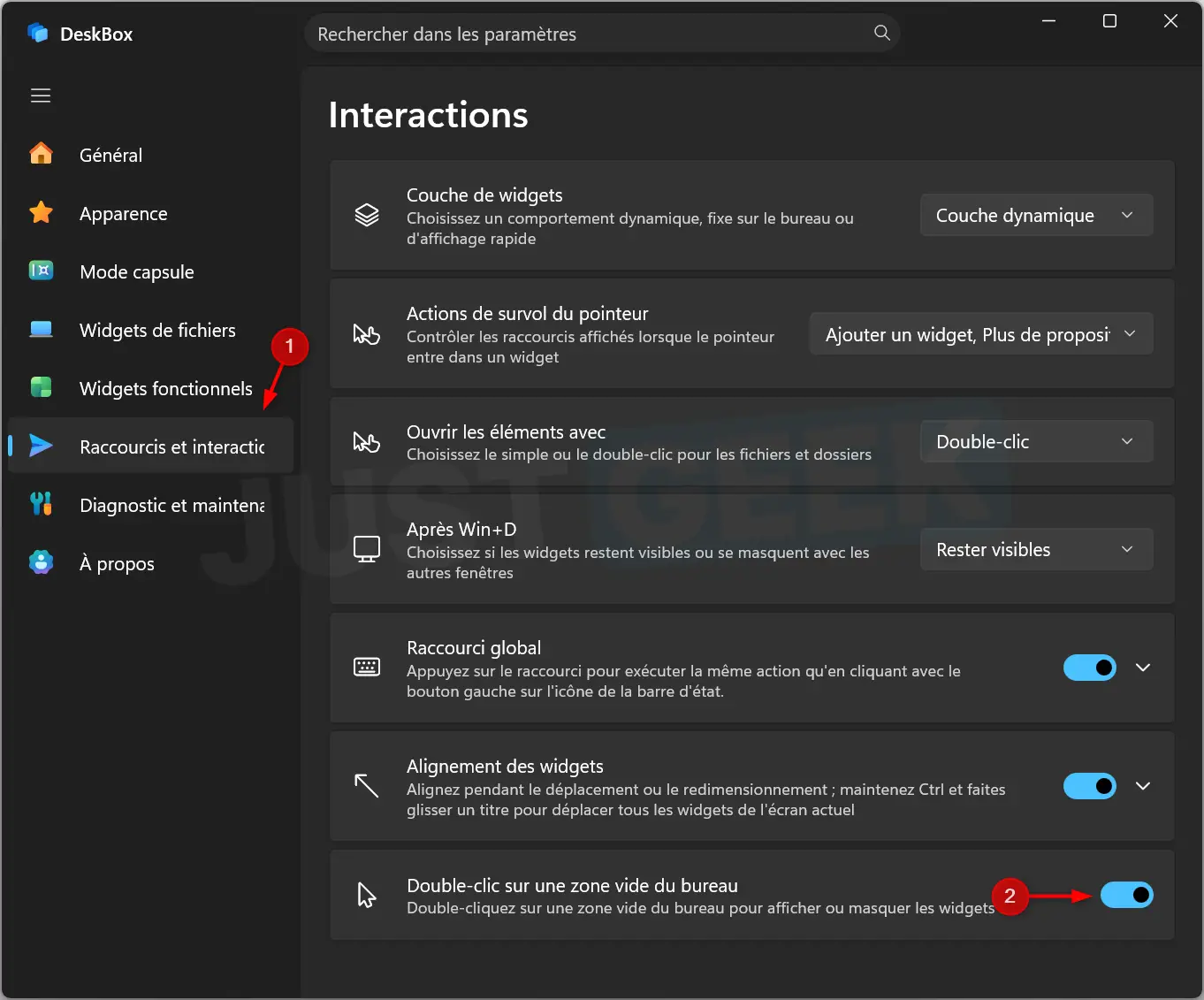 Configure DeskBox to allow double-clicking on an empty area of ​​the Desktop to show or hide widgets.