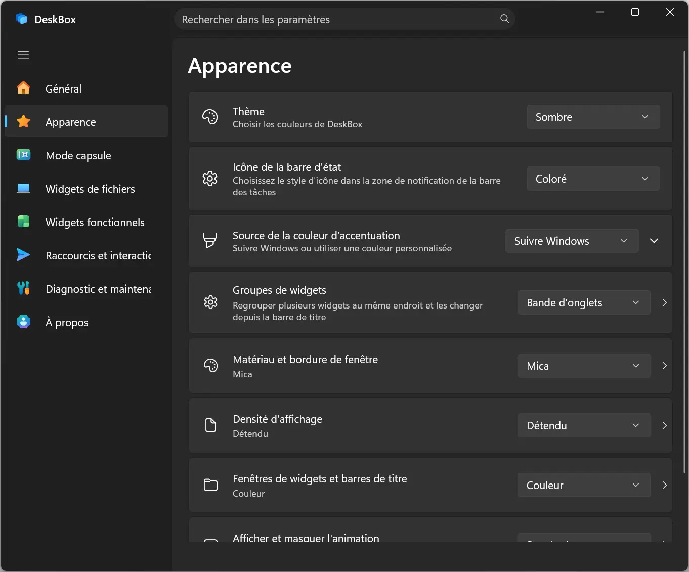 DeskBox appearance settings to customize themes, colors, widget groups, and visual effects.