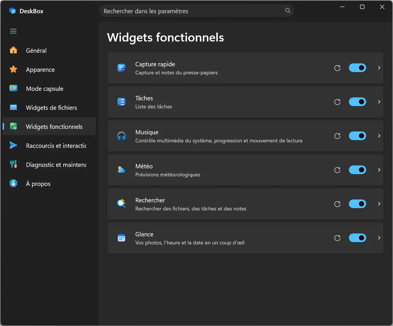 DeskBox settings showing available widgets including Notes, Tasks, Music, Weather, Search, and Browse.