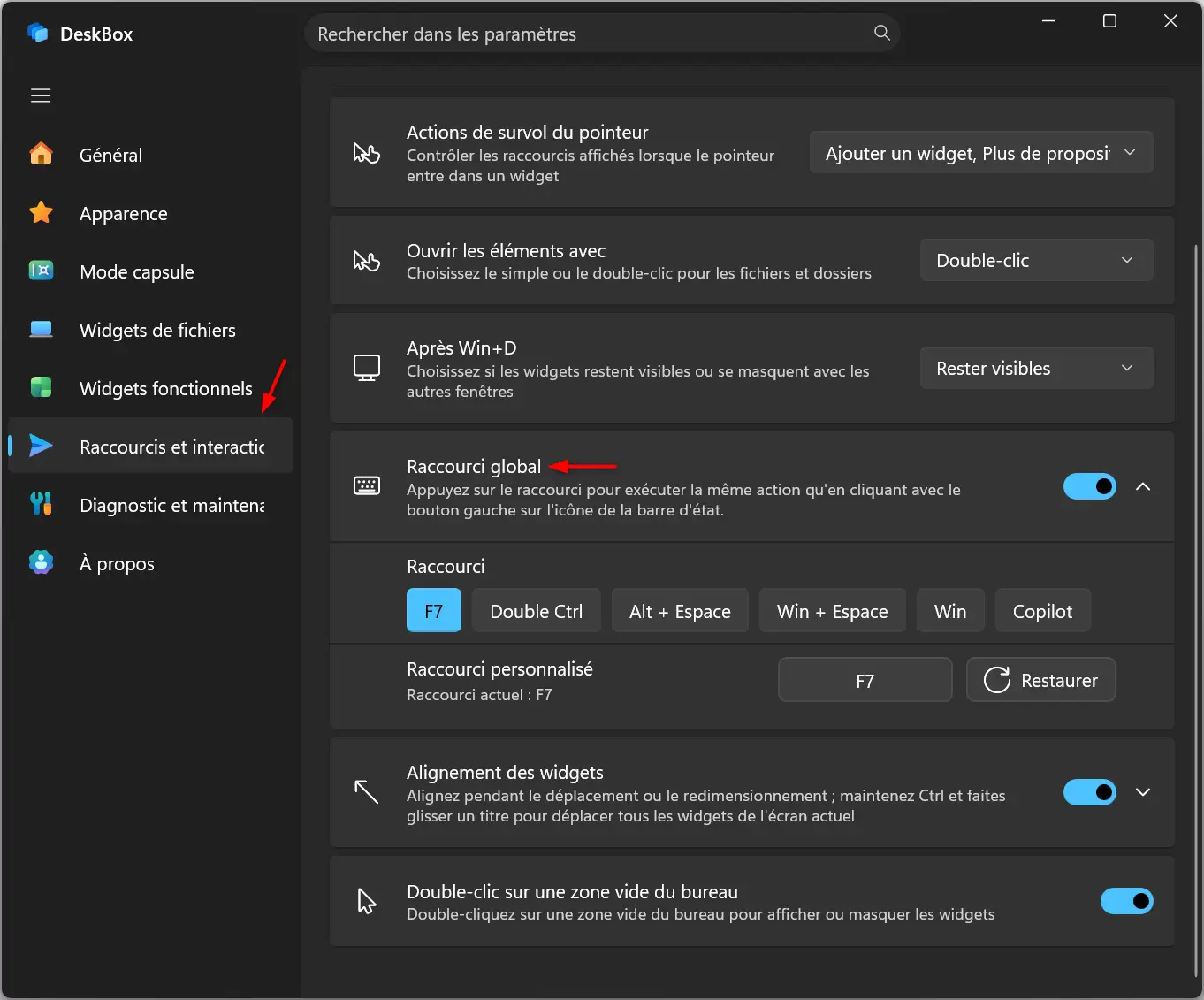 DeskBox settings to customize the F7 keyboard shortcut to show or hide widgets.