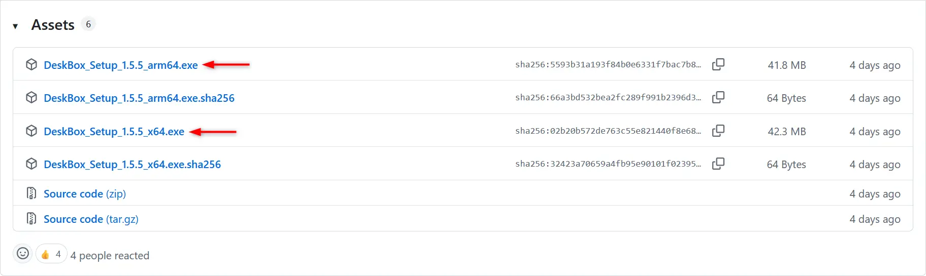 DeskBox 1.5.5 GitHub page showing downloadable installation files for Windows x64 and ARM64.