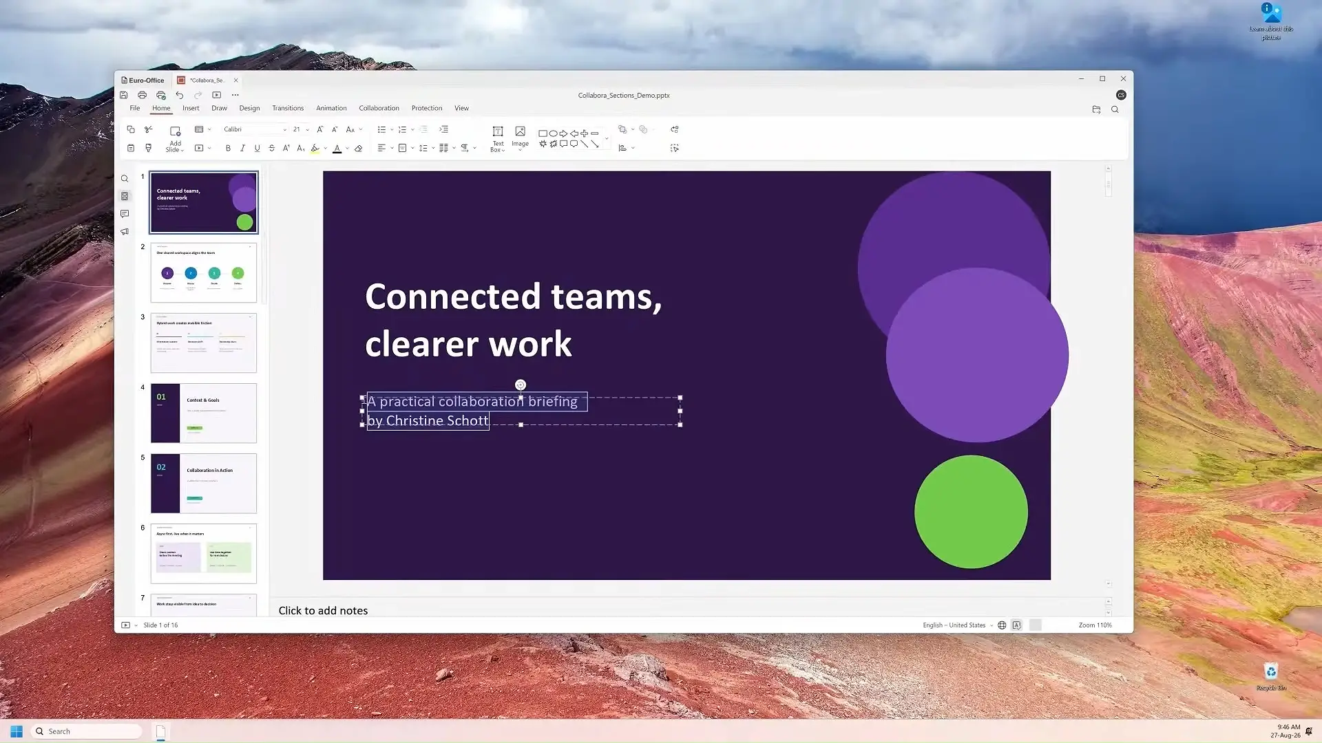 Euro-Office sous Windows avec une présentation ouverte dans l'application de bureau