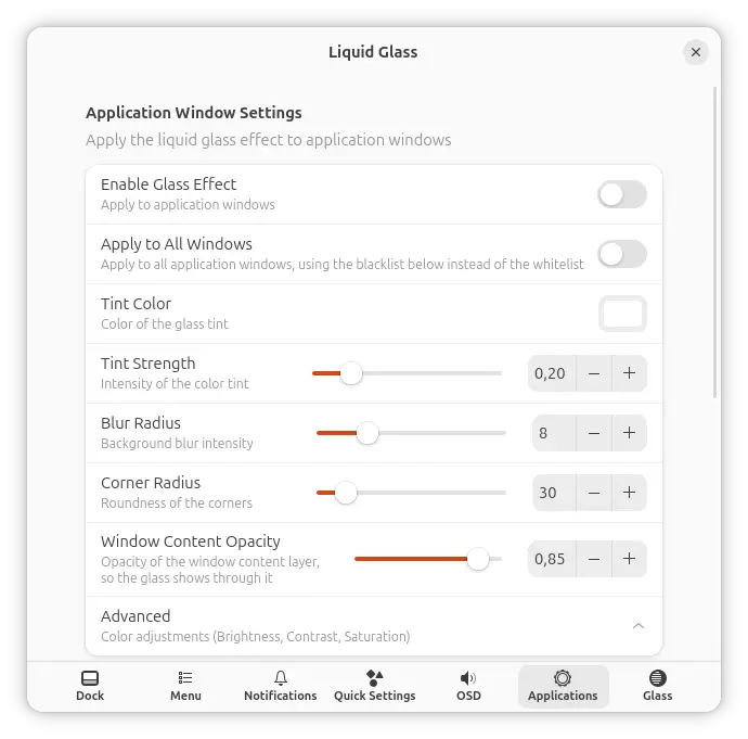 Paramètres de Liquid Glass pour appliquer l'effet aux fenêtres d'application