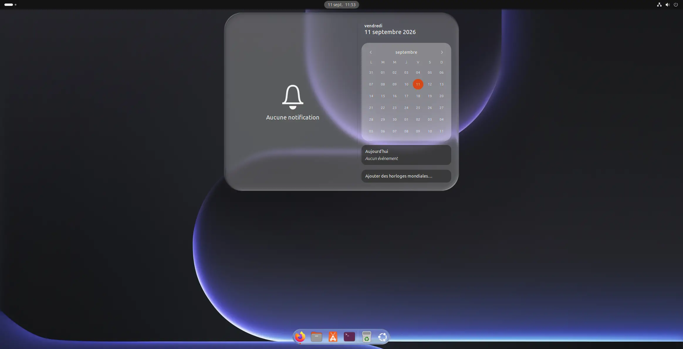 Effet Liquid Glass appliqué au centre de notification GNOME sous Ubuntu