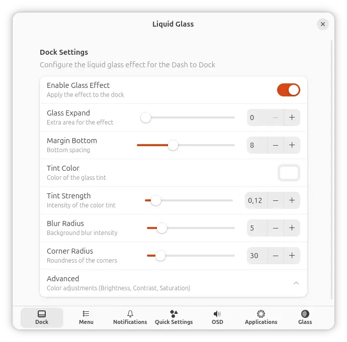 Paramètres de Liquid Glass pour personnaliser le dock GNOME