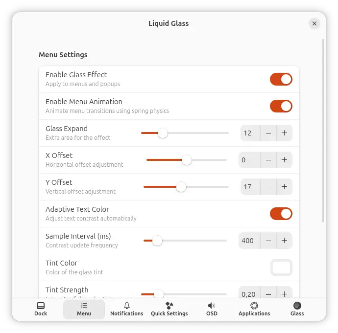 Paramètres de Liquid Glass pour personnaliser les menus GNOME
