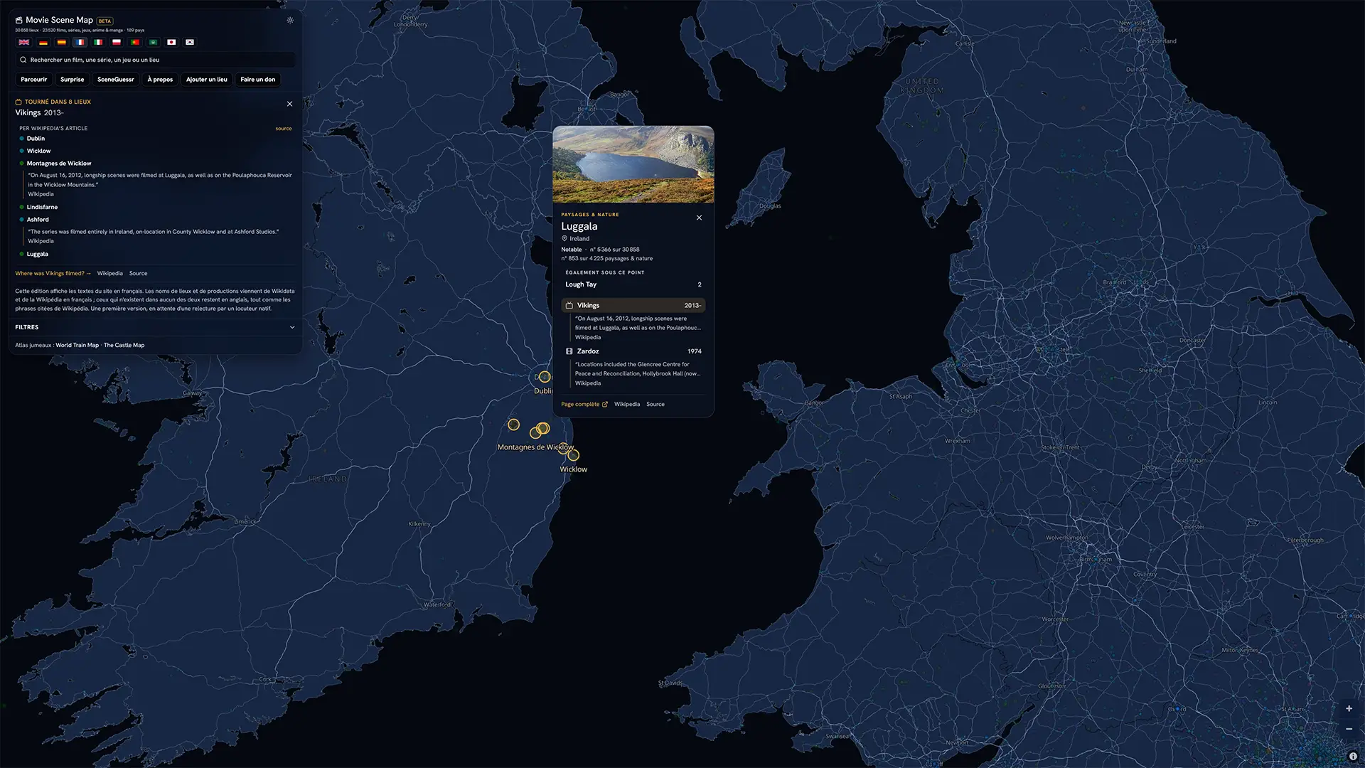 Luggala en Irlande parmi les lieux de tournage des Vikings sur la carte des scènes de film