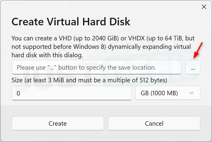 Window to create a virtual hard drive in NanaBox with the button that allows you to choose its location.