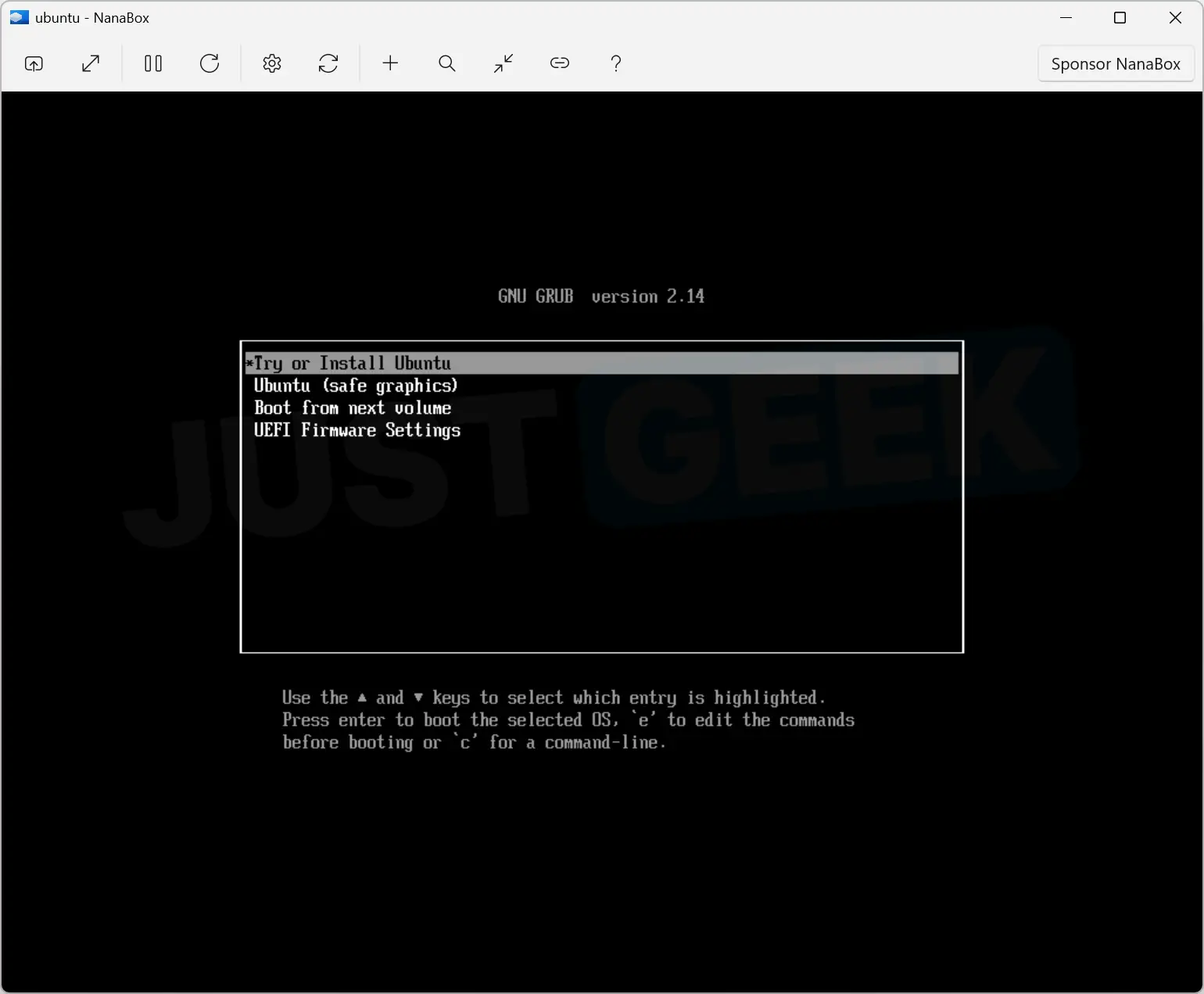 Ubuntu boot menu in NanaBox with option