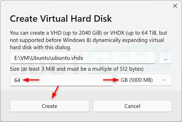 Configure a 64 GB VHDX virtual disk in NanaBox before creating it.