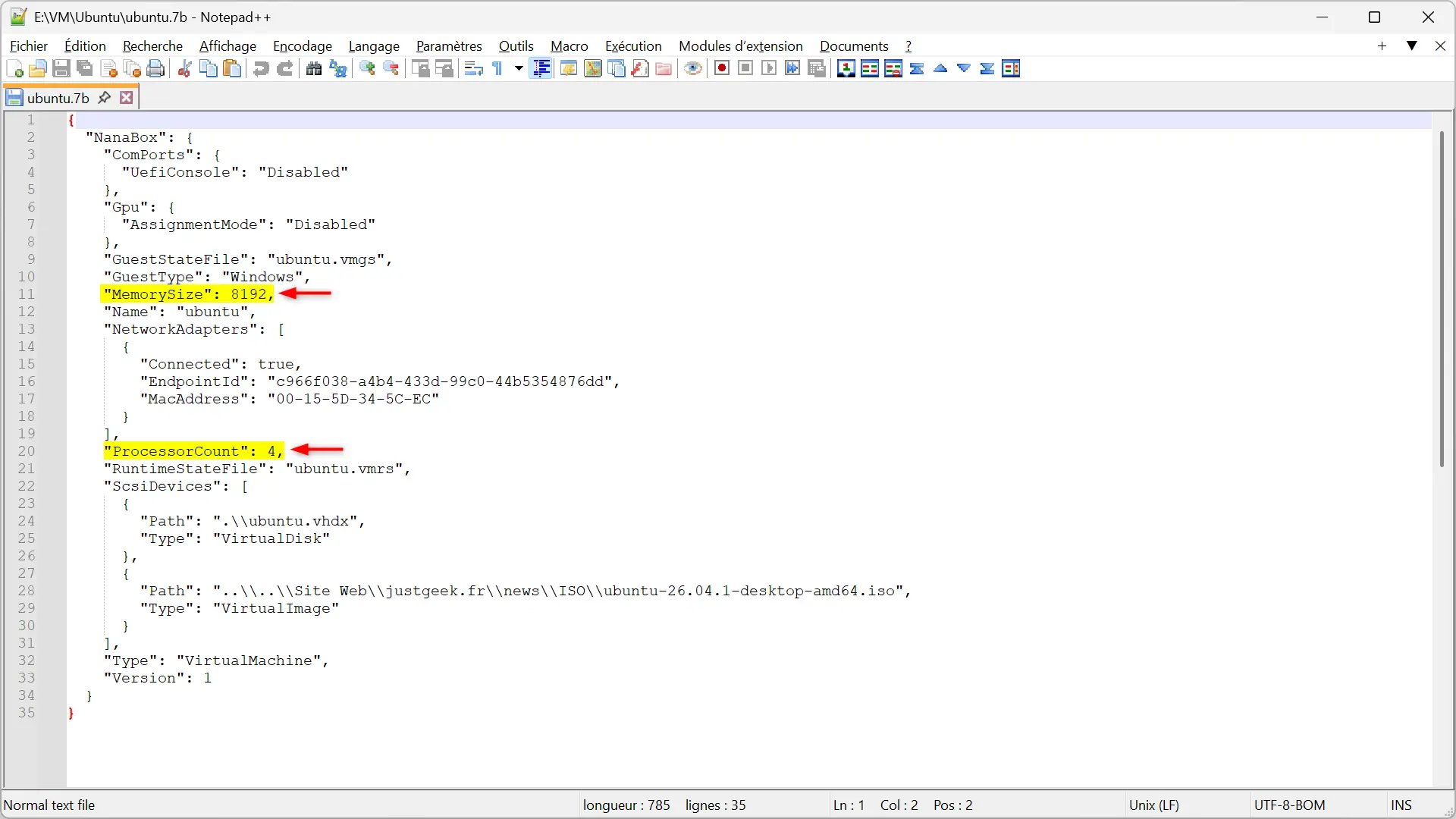 Modified the ubuntu.7b configuration file in Notepad++ to allocate 8 GB of RAM and 4 vCPUs to NanaBox.