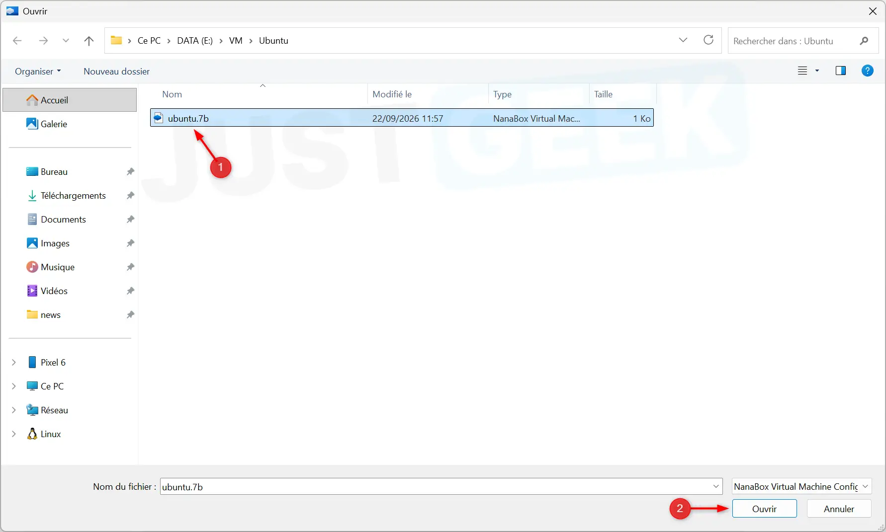 Selecting the ubuntu.7b file to start the Ubuntu virtual machine in NanaBox.