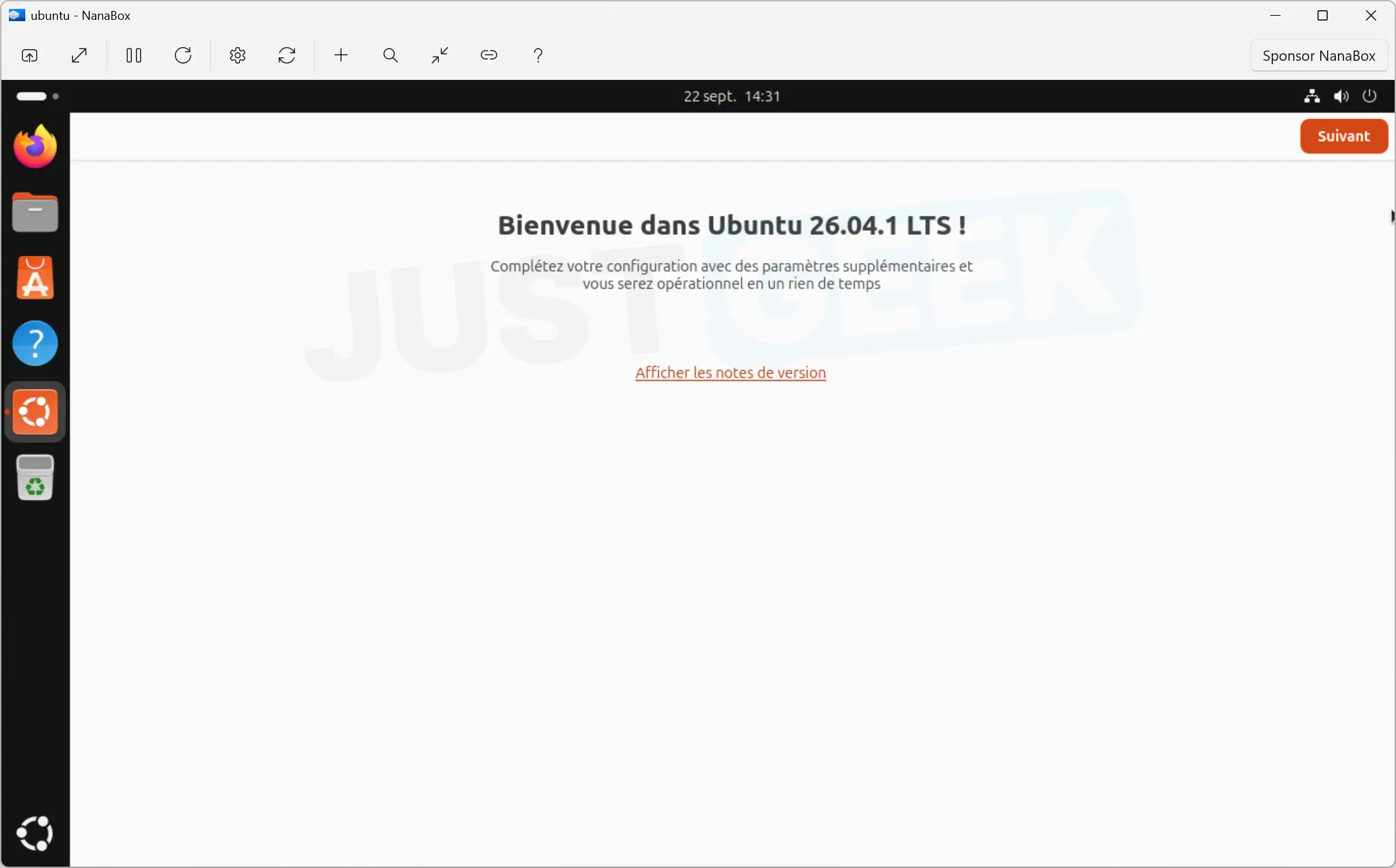 Ubuntu 26.04.1 LTS splash screen after installing it on a NanaBox virtual machine.