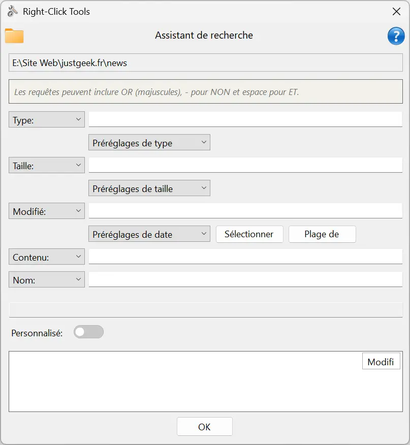 The RightClickTools Search Wizard allows you to search for files by name, type, size, modification date, or content.