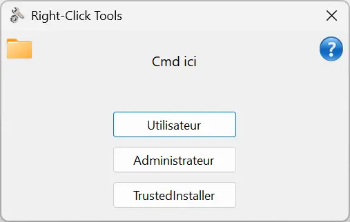 RightClickTools window to open the command prompt as user, administrator, or TrustedInstaller.
