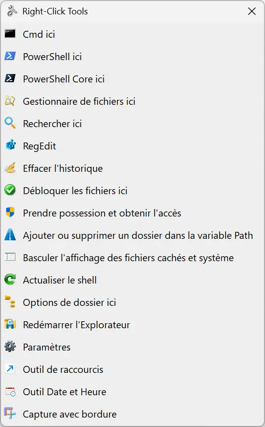 RightClickTools launcher that displays the different tools available to manage and customize Windows.