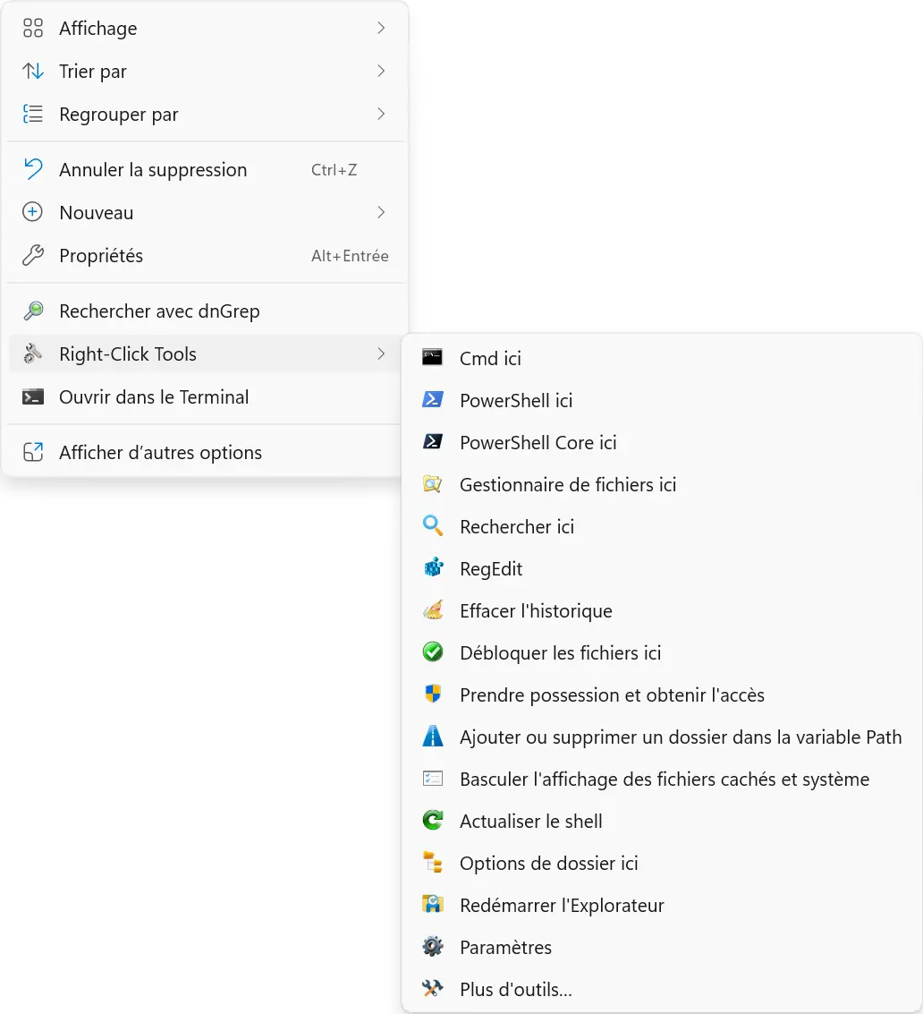 Windows 11 context menu with RightClickTools submenu showing available tools and shortcuts.
