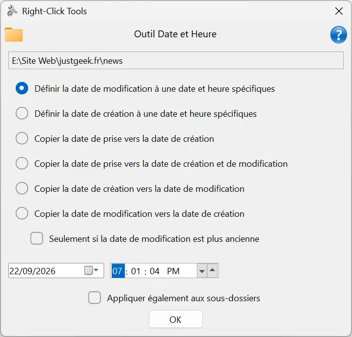 The RightClickTools date and time tool allows you to change the creation and modification dates of Windows files.