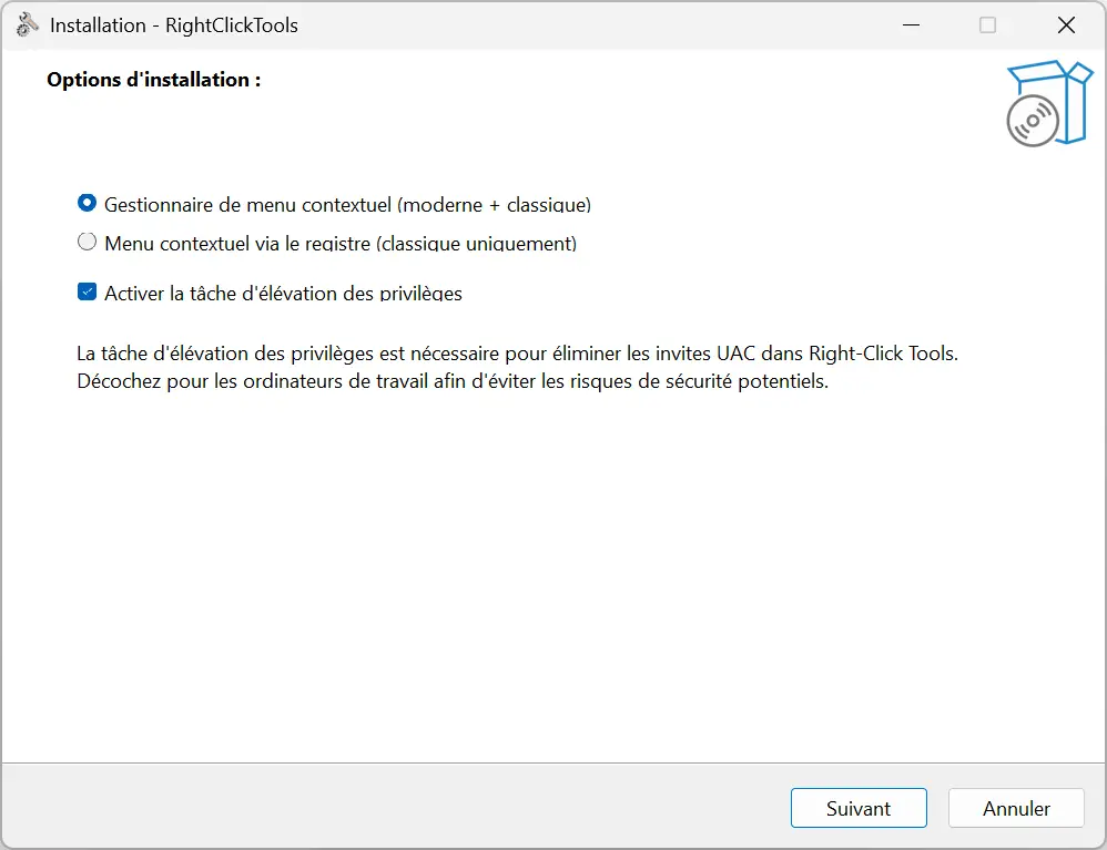 RightClickTools installation options to choose modern or classic context menu and enable privilege escalation task.