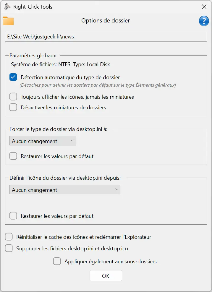 RightClickTools options to customize folder icons, change folder types, and manage thumbnail display.