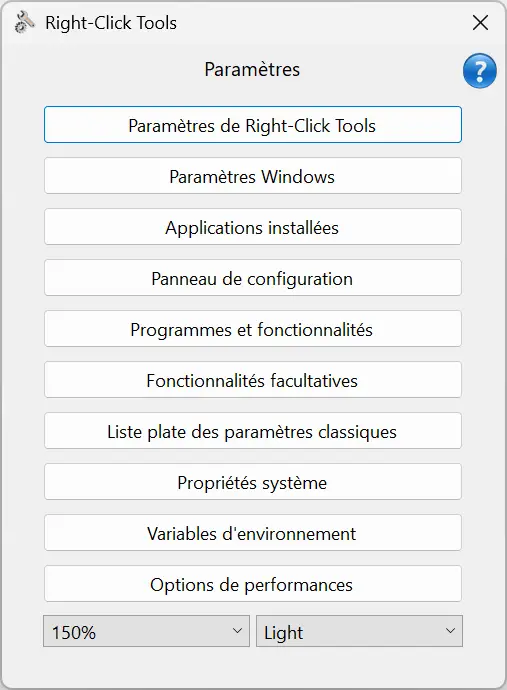 RightClickTools settings menu that provides access to Windows Settings, Control Panel, environment variables, and display options.