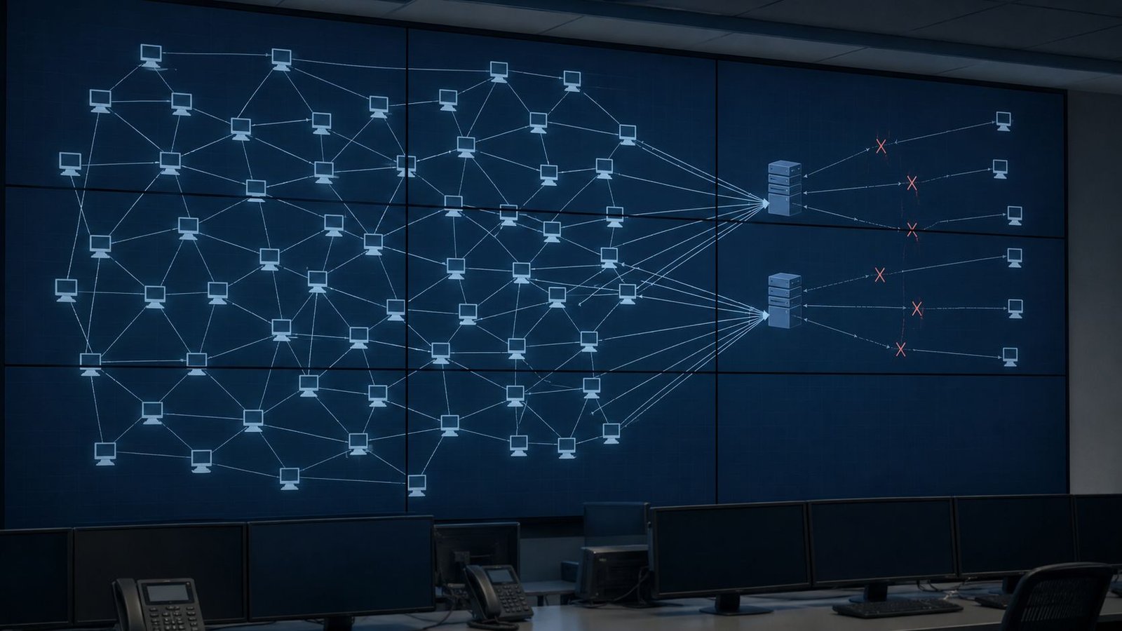 Schéma d'un botnet peer-to-peer détourné vers des serveurs de collecte.