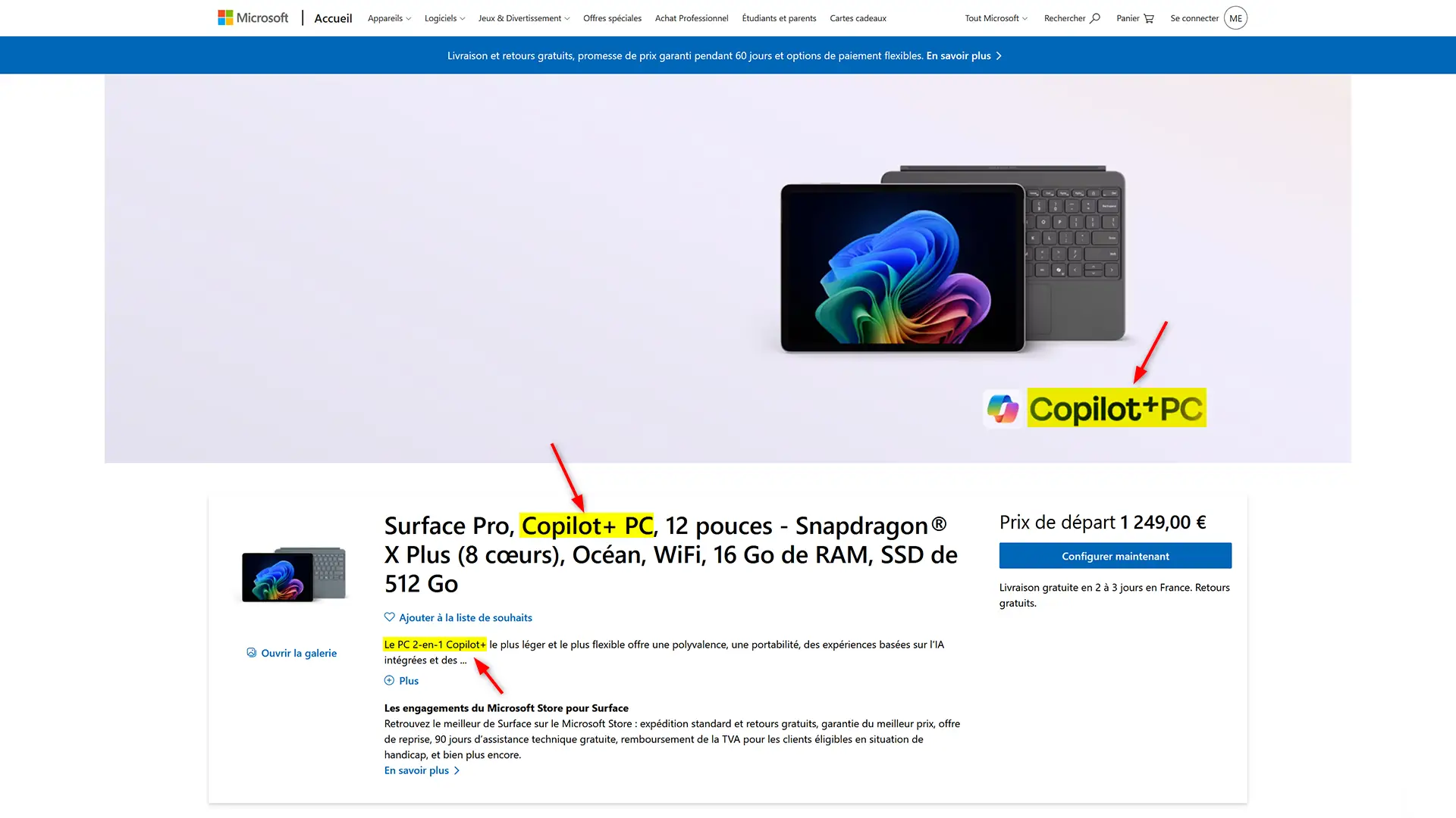 Old 12-inch Surface Pro listing on Microsoft's website, with several mentions of PC Copilot+ highlighted.