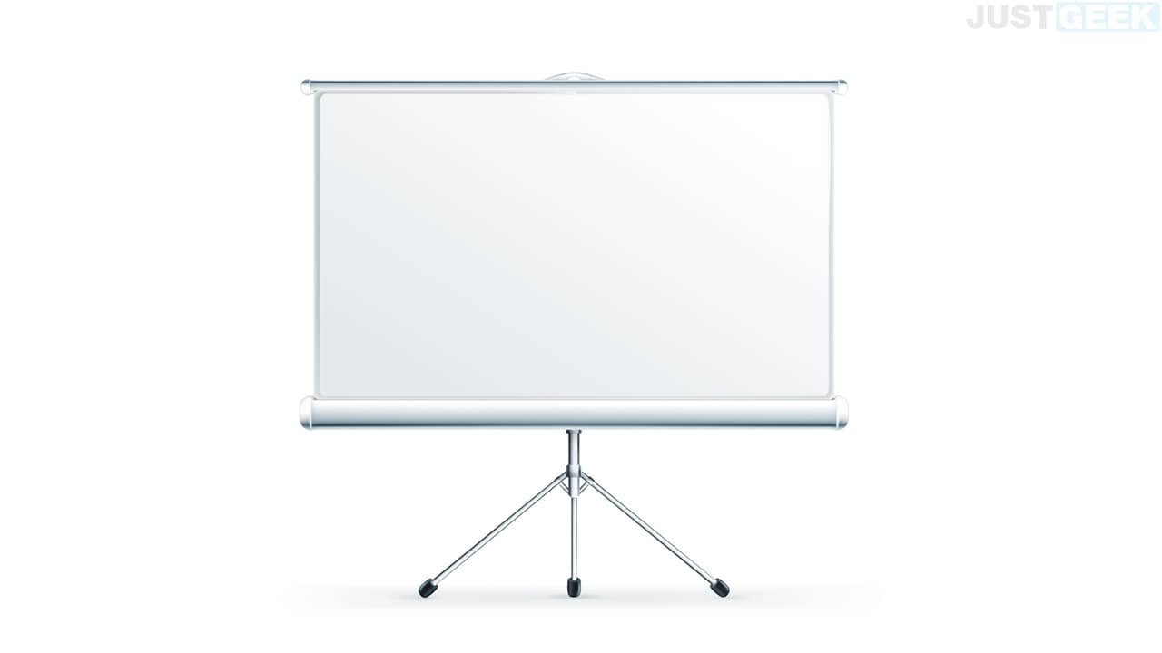 Projection screen with tripod.