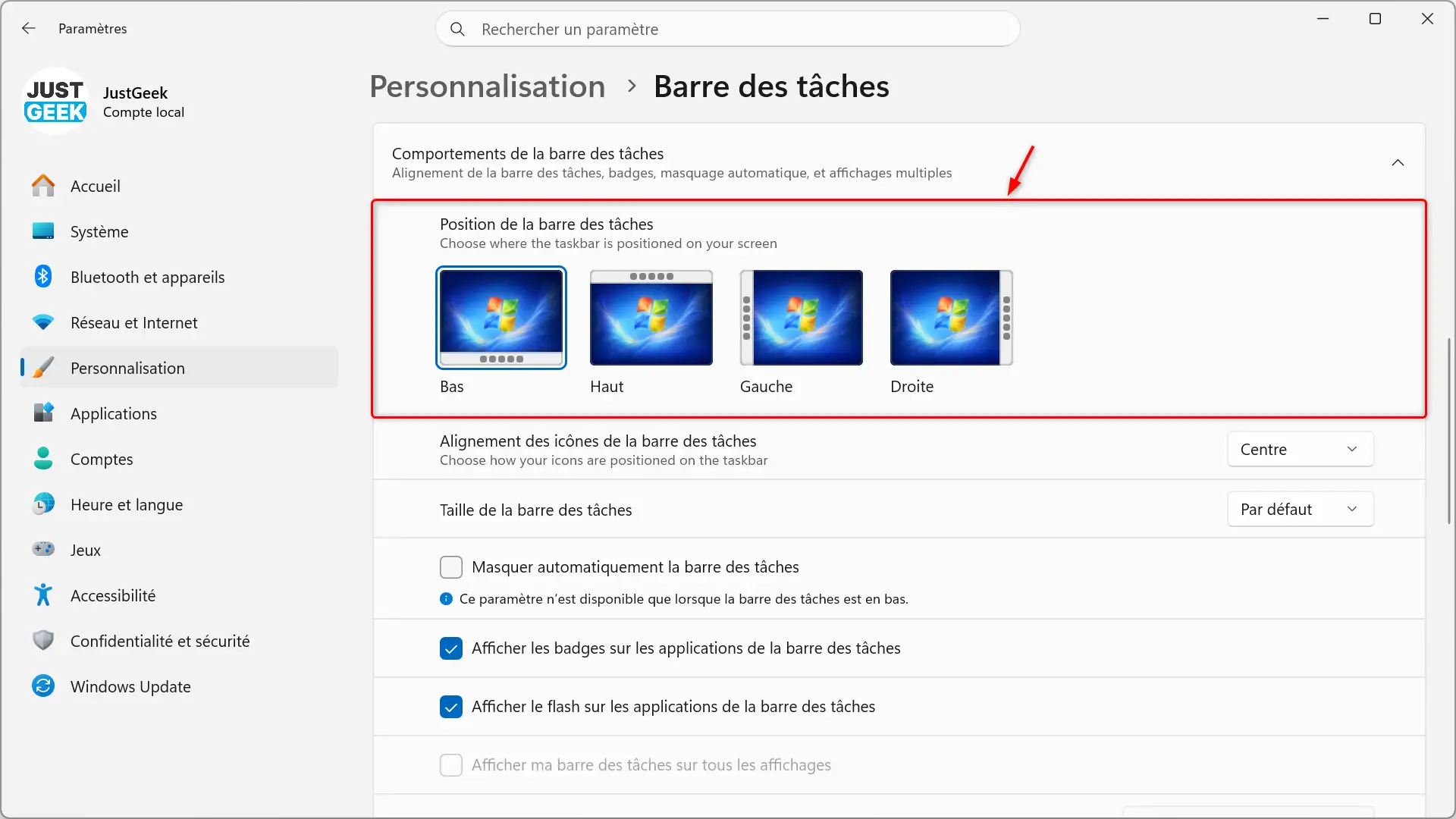 Options pour changer la position de la barre des tâches dans Windows 11
