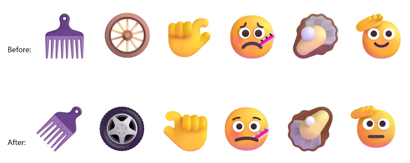 Before and after comparison of six new Windows 11 emoji designs, including the comb, wheel, and waving face.