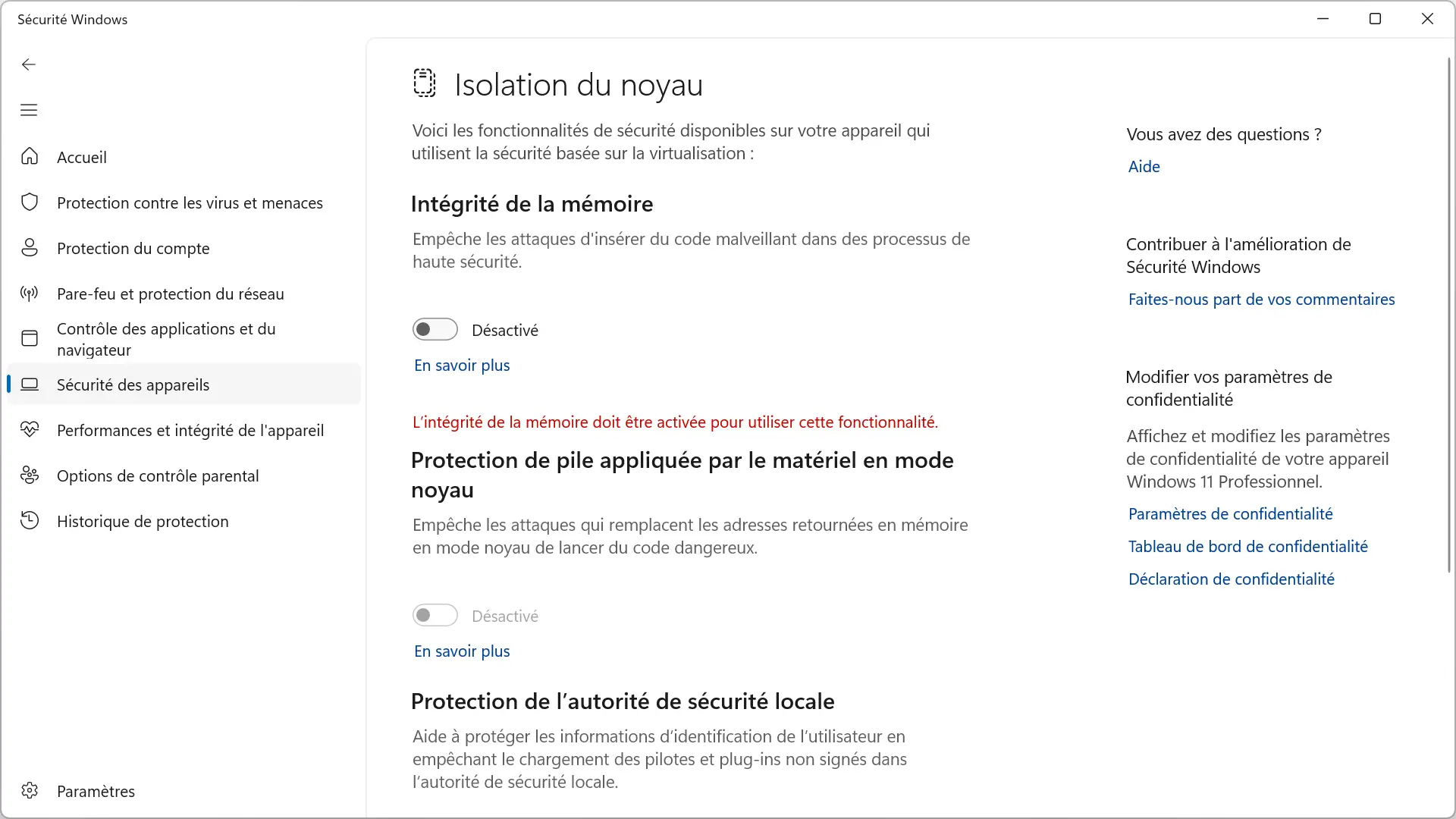 Intégrité de la mémoire désactivée dans les paramètres de sécurité de Windows 11